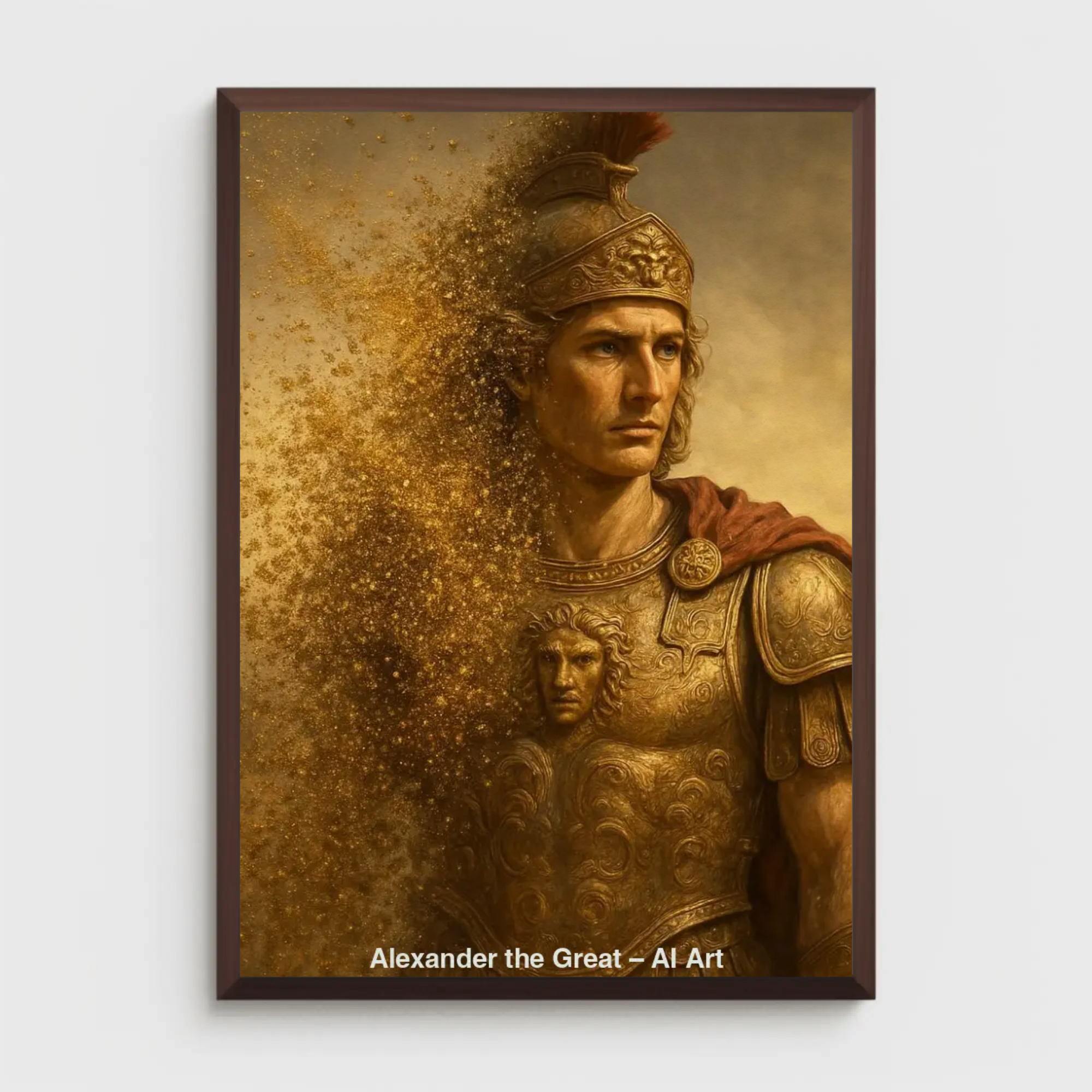 Historisches AI-Art-Porträt von Alexander dem Großen in goldener Rüstung, rotem Umhang, detailreich gestaltet.