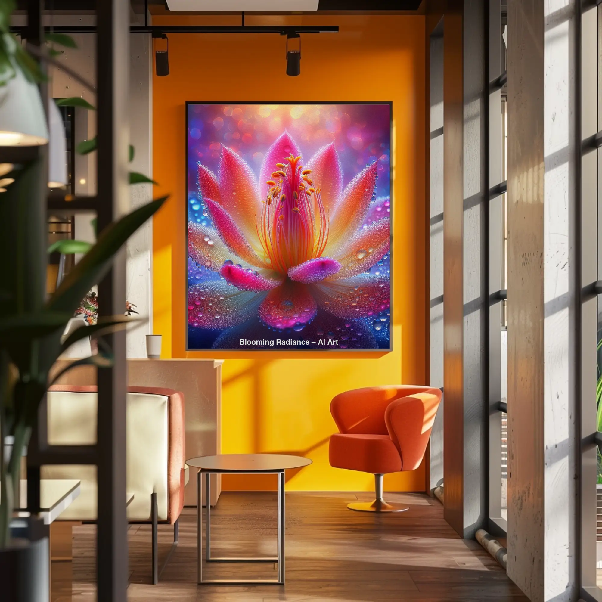 Mockup einer AI Art Blüte in Rosa-, Gelb- und Blautönen mit glitzernden Tautropfen in moderner Einrichtung.