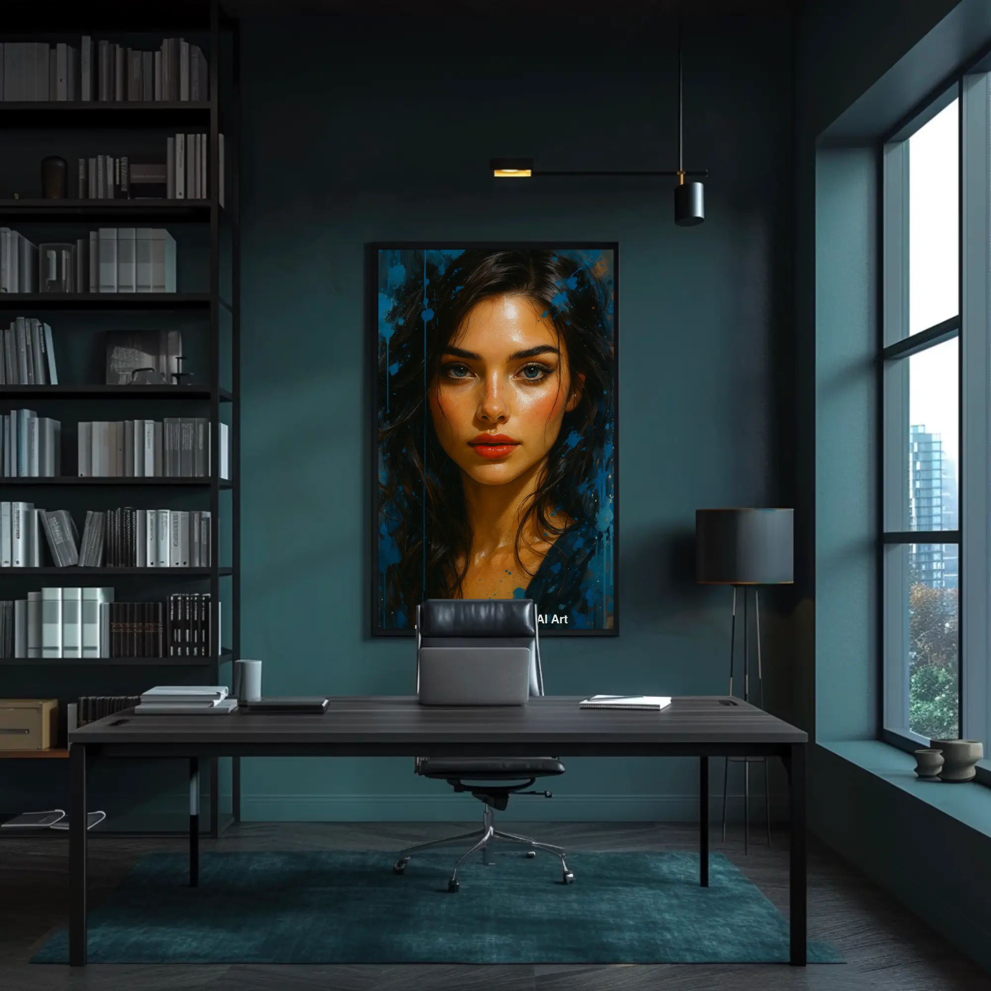 Mockup von Blue Splash Muse – AI Art, realistisches Frauenporträt mit blauen Farbspritzern auf edlem Präsentationshintergrund.