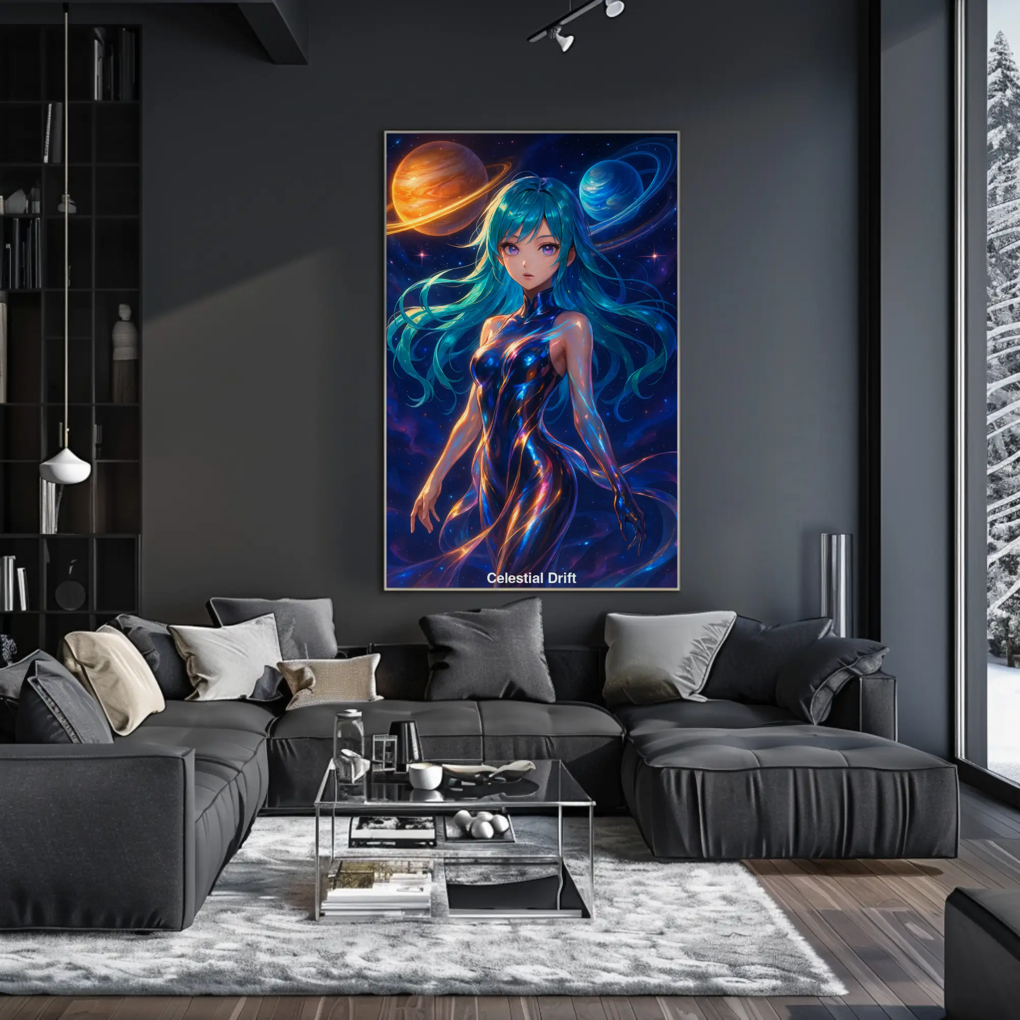 AI generiertes Anime Girl mit futuristischem Galaxiekleid, Planeten im Hintergrund – digitale Space Art