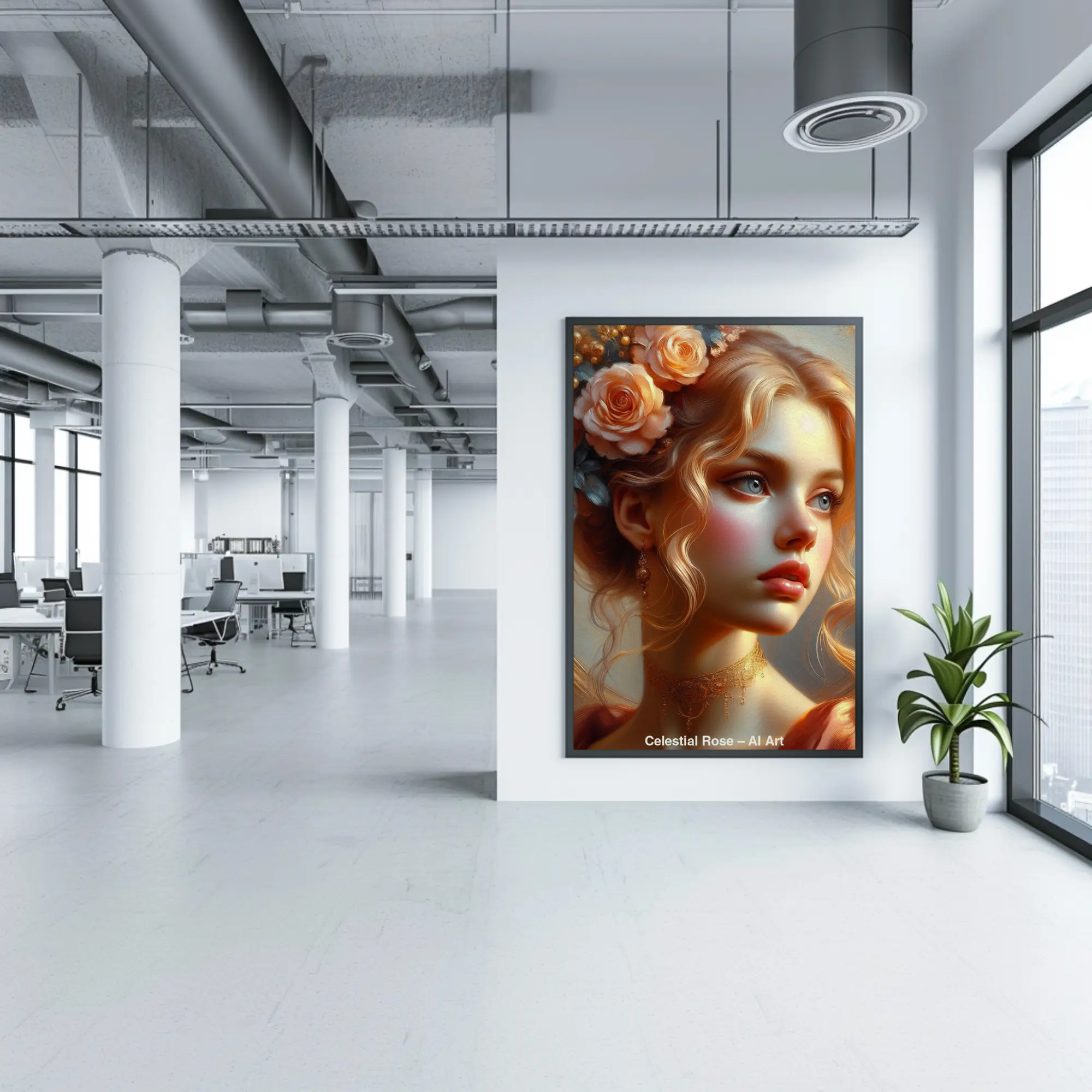 Mockup von Celestial Rose – AI Art, digitales Porträt einer Frau mit Rosen und goldenem Licht in klassischer Eleganz.