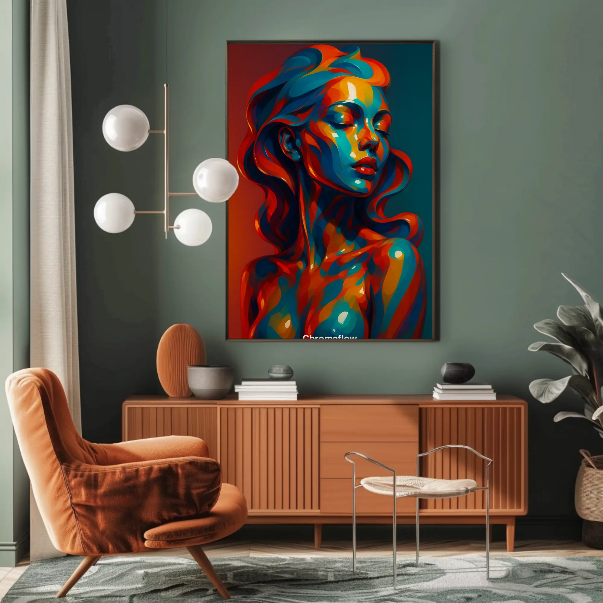 Mockup des Kunstdrucks „Chromaflow“ mit farbigem Frauenporträt in glänzendem Stil