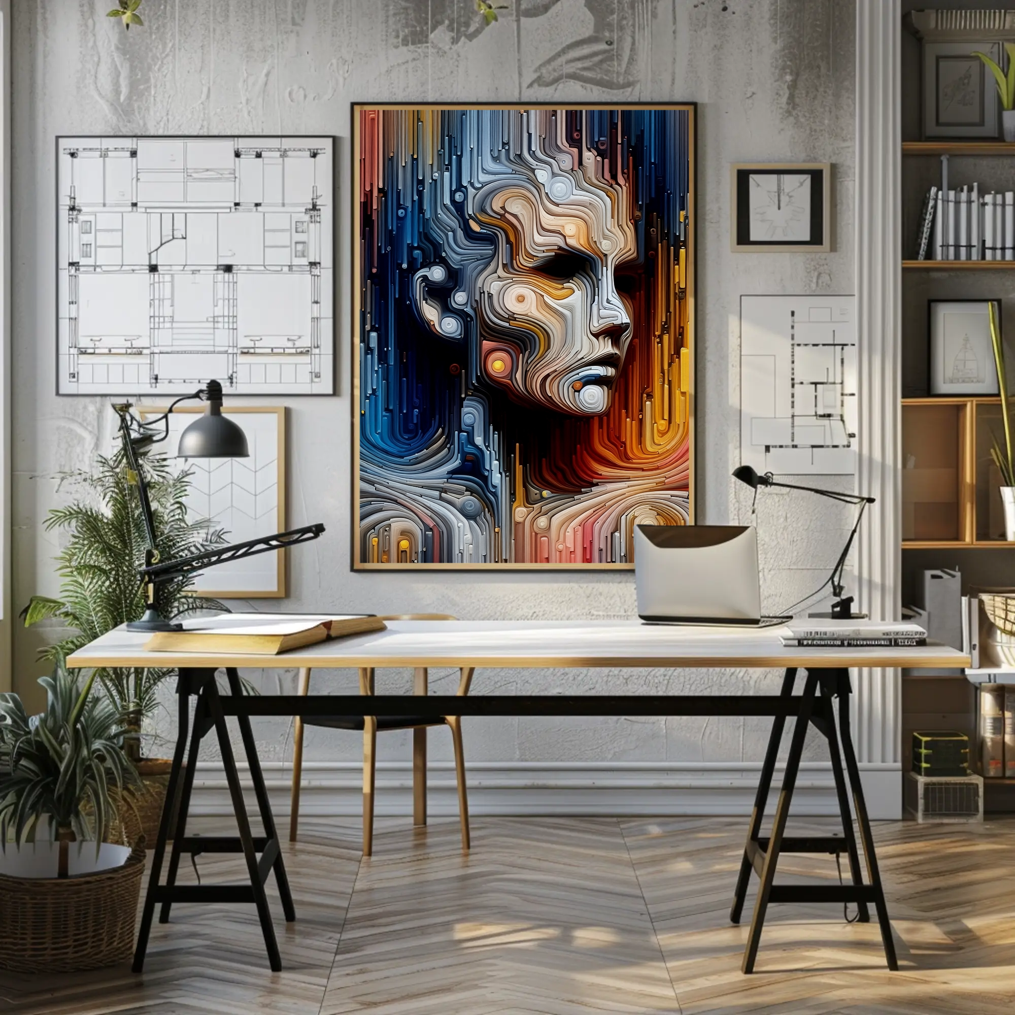 Mockup eines modernen AI Art Porträts mit Linienstruktur und dynamischer Farbgestaltung in Wohnzimmereinrichtung.