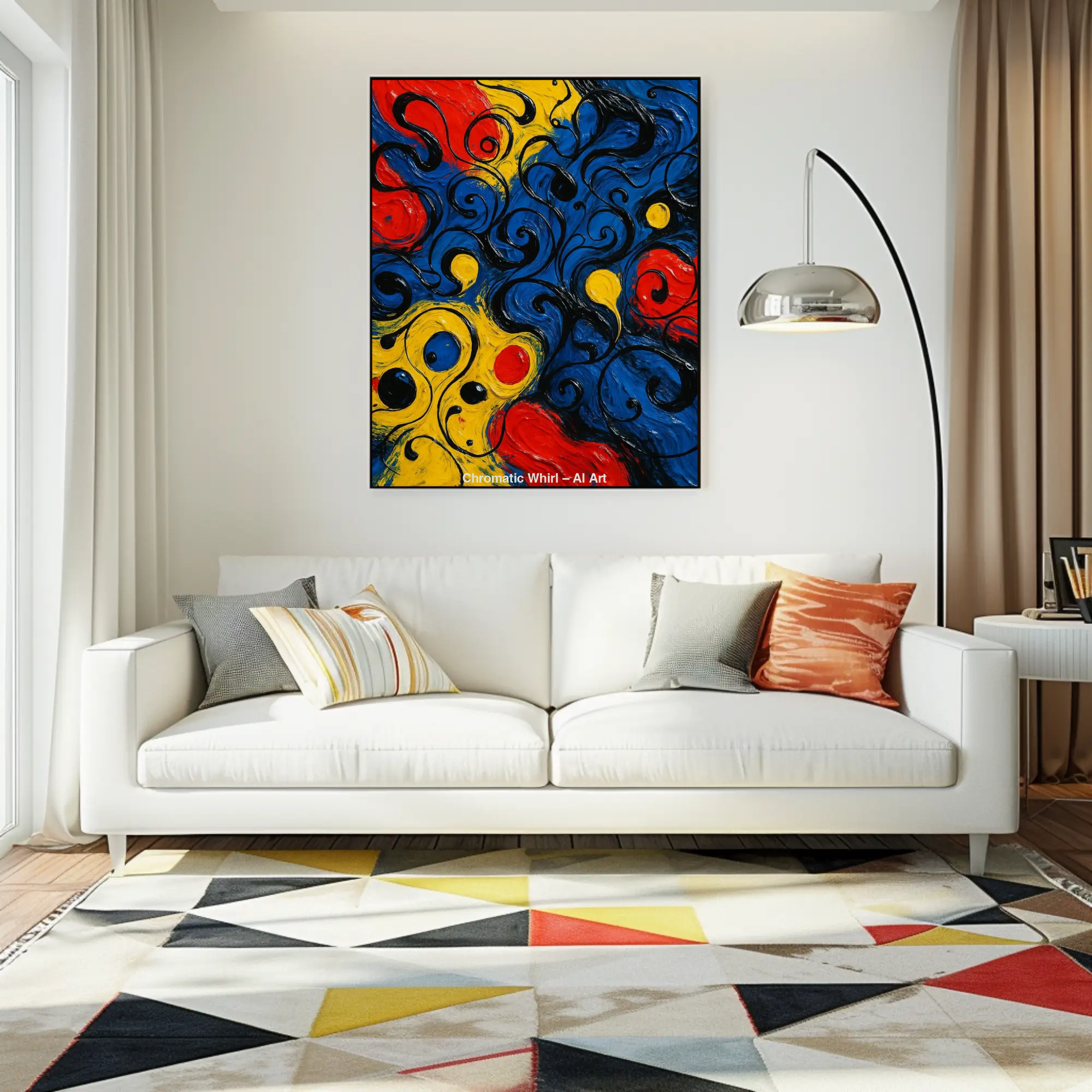 Farbenfrohes abstraktes AI-Art-Gemälde mit Blau, Rot, Gelb und schwarzen Wirbelmustern.