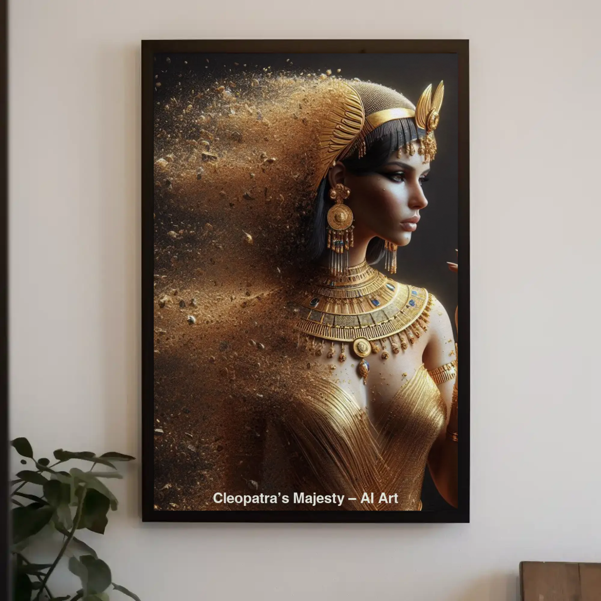 Mockup eines AI Art Porträts von Cleopatra in goldener Pracht, die sich in Staubpartikel auflöst.