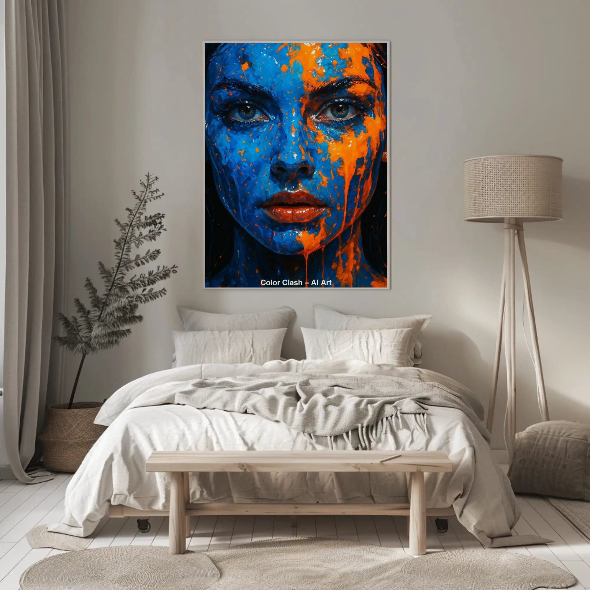 Mockup des AI-Art-Porträts „Color Clash“ mit blauen und orangen Farbspritzern auf intensivem Gesicht.