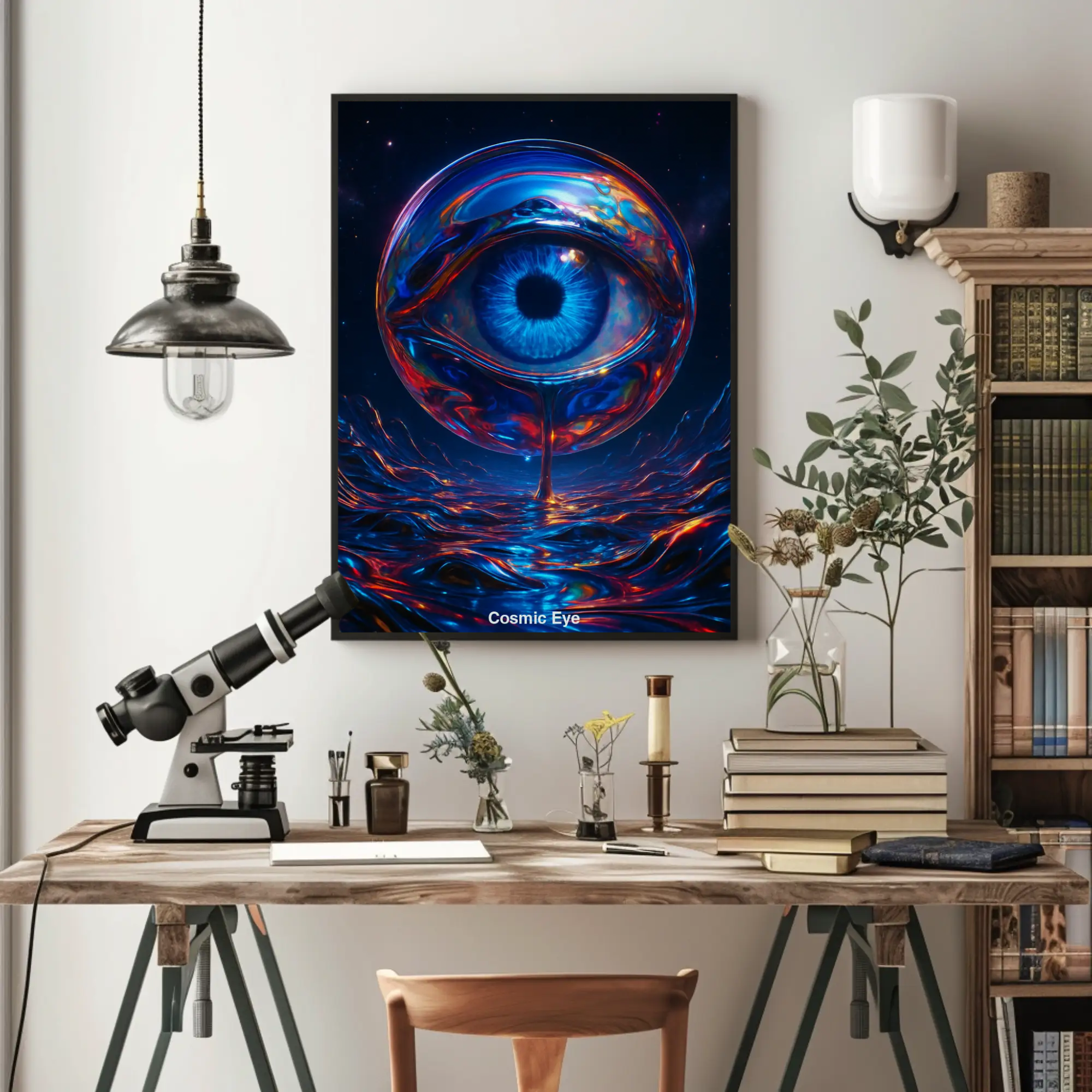 Mockup des KI-Kunstwerks „Cosmic Eye“ mit surrealem Auge in flüssiger Landschaft vor Sternenhimmel