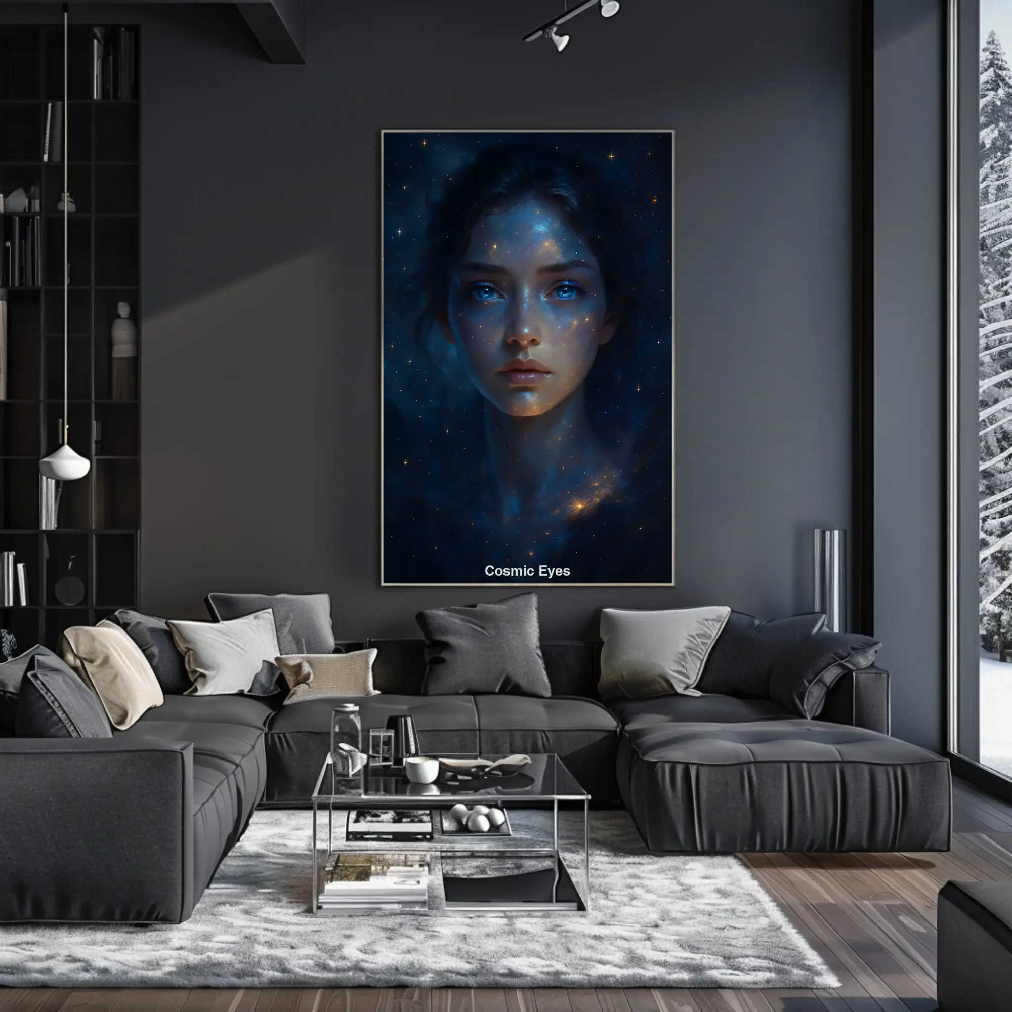 Mockup des Kunstwerks βCosmic Eyesβ β futuristisches FrauenportrΓ€t in galaktischer AI Art mit Sternen und Leuchteffekten