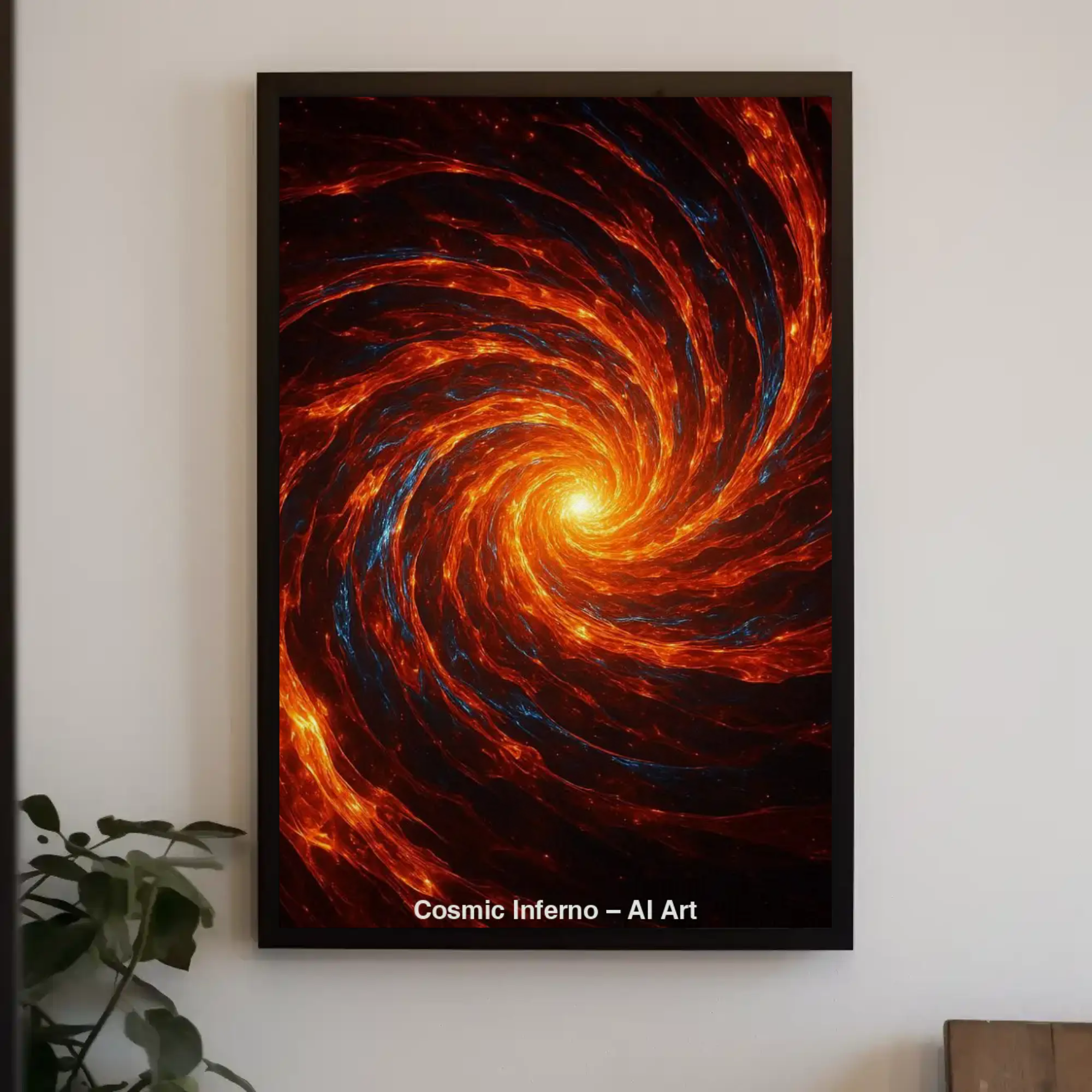 Mockup eines AI-Art-Galaxienwirbels mit leuchtenden roten und orangenen Lichtbahnen.