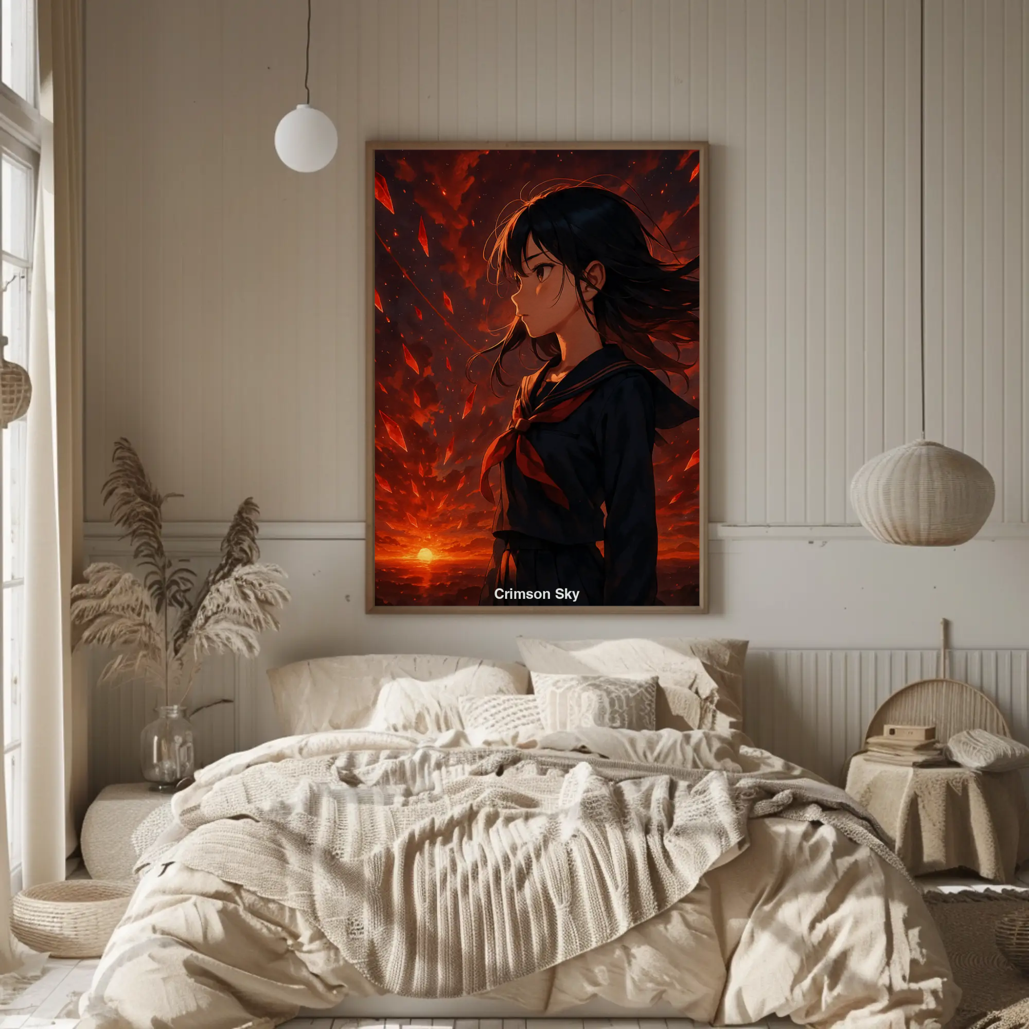 „Crimson Sky“ als Anime AI Print – Mädchen im Abendrot, umgeben von roten Kristallen, digitale Kunst mit epischer Atmosphäre