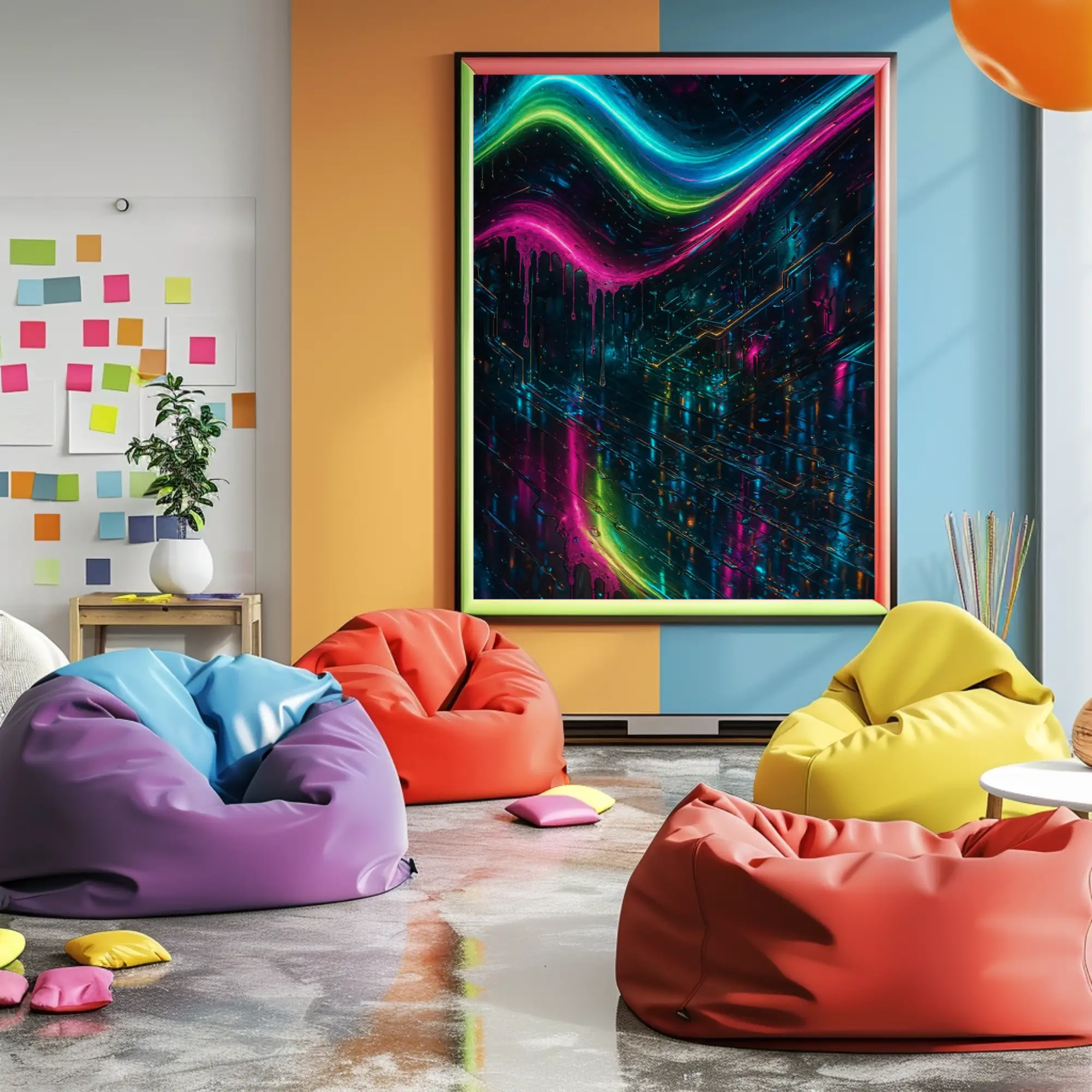 Mockup von Digital Tide – AI Art, leuchtende Neonwellen in Pink, Grün und Türkis auf dunklem, reflektierendem High-Tech-Hintergrund.