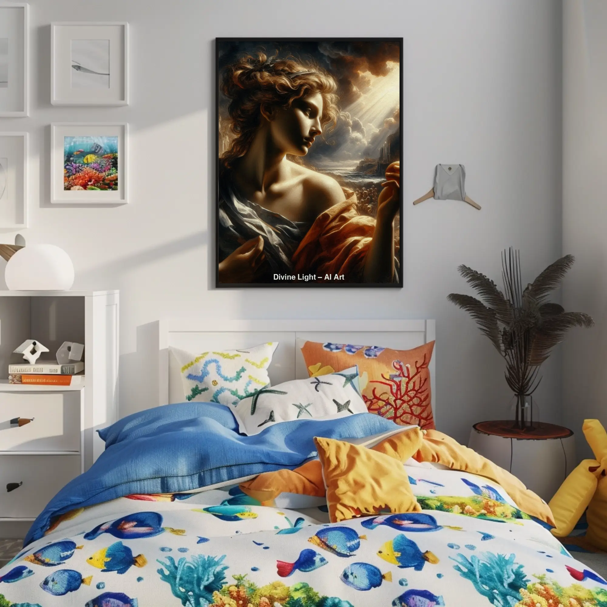 Mockup von Divine Light – AI Art, digitales Porträt einer Frau im göttlichen Licht mit klassischer, goldener Atmosphäre.