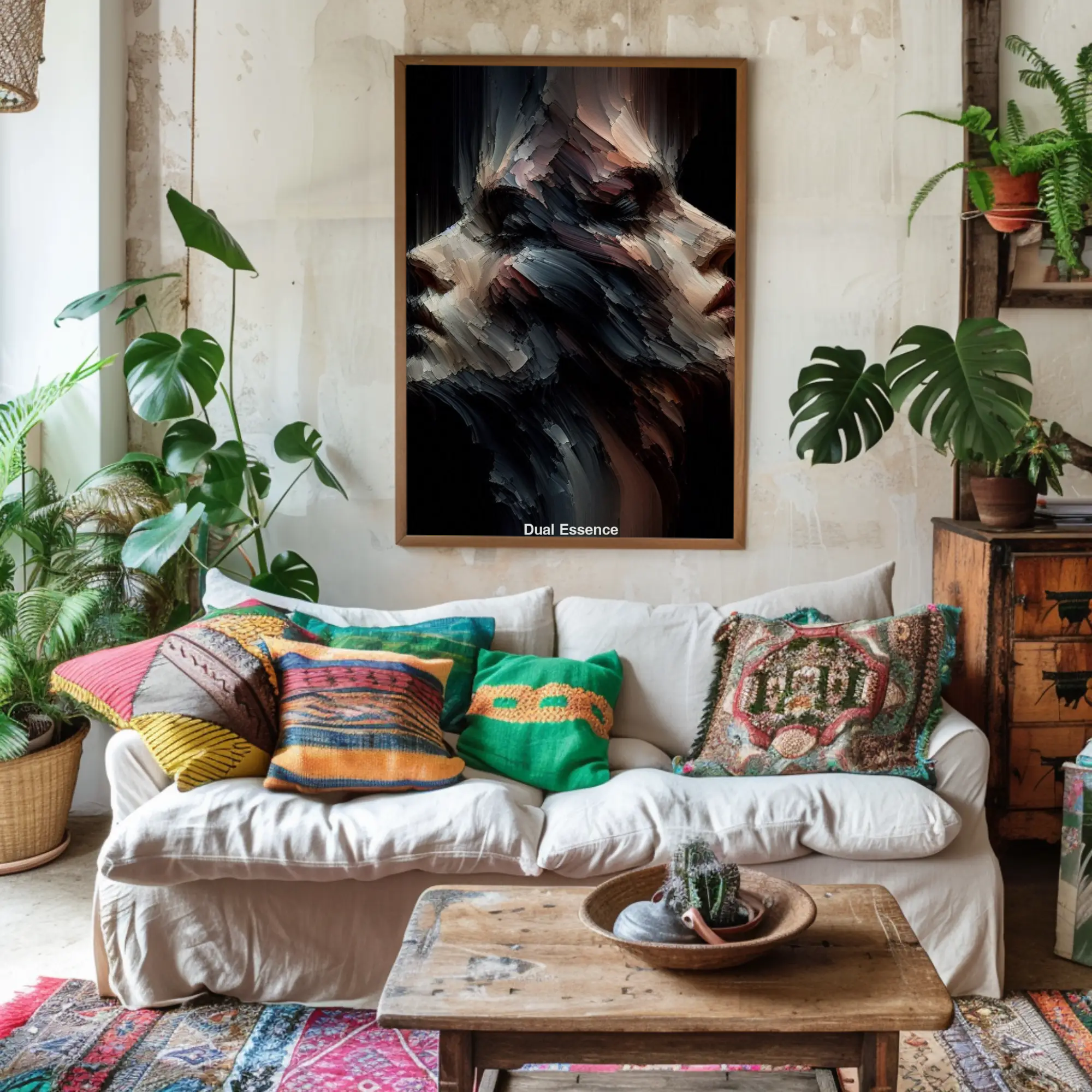 Mockup eines AI Art Porträts mit zwei Gesichtern in abstrakter Pinselstrich-Optik in moderner Wohnzimmereinrichtung.