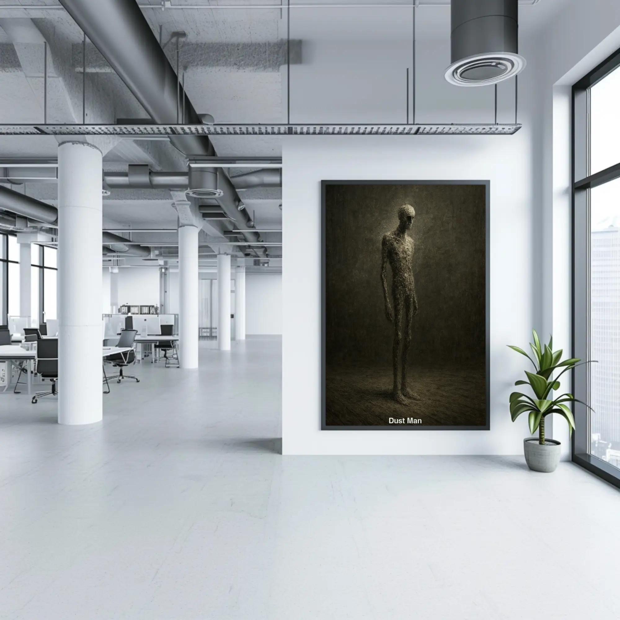 Mockup des Kunstwerks „Dust Man“ – humanoide Gestalt aus Staub in digitaler, düsterer AI Art