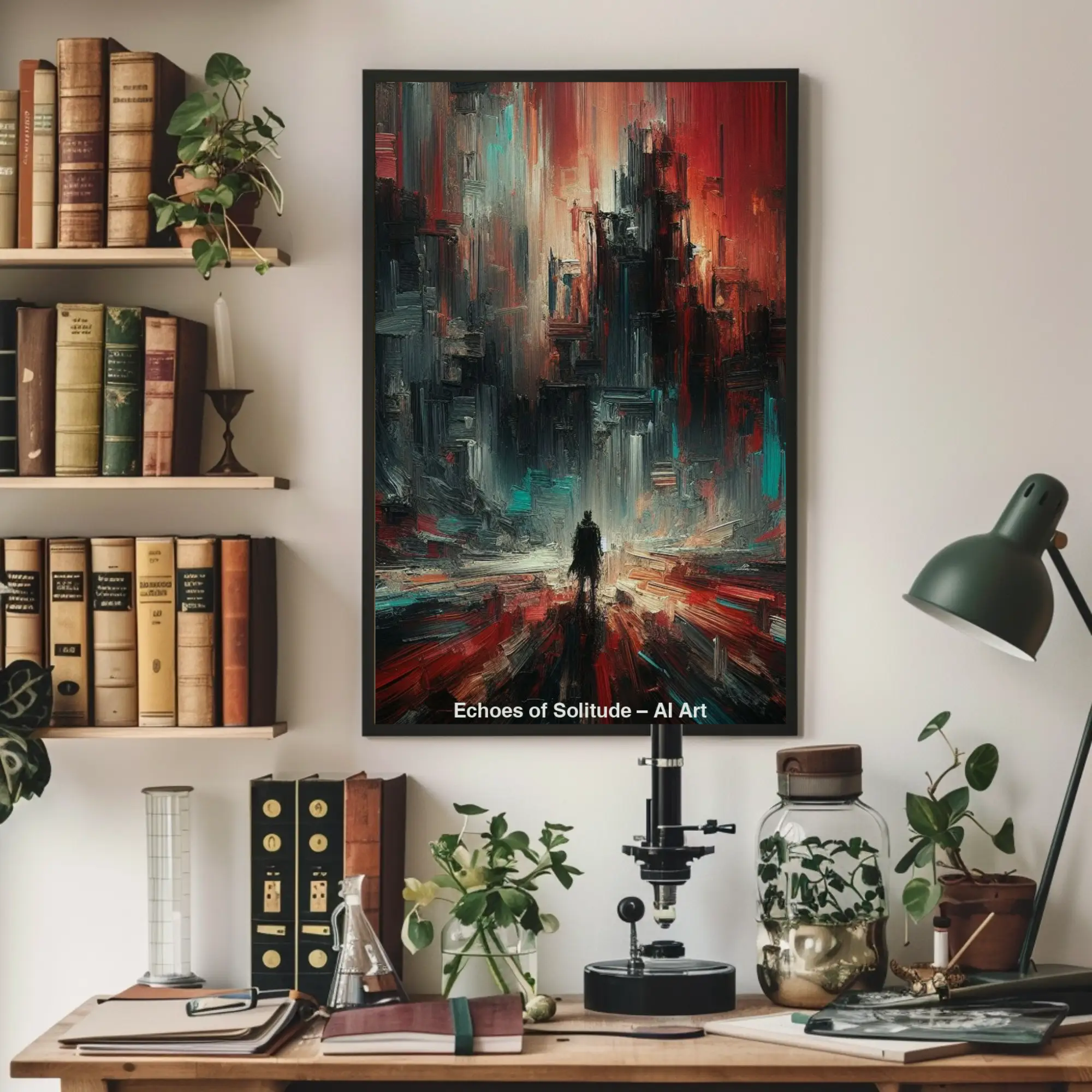 Mockup von Echoes of Solitude – AI Art, abstrakte Silhouette in warmen Farbtönen mit dichter Struktur und atmosphärischem Licht.