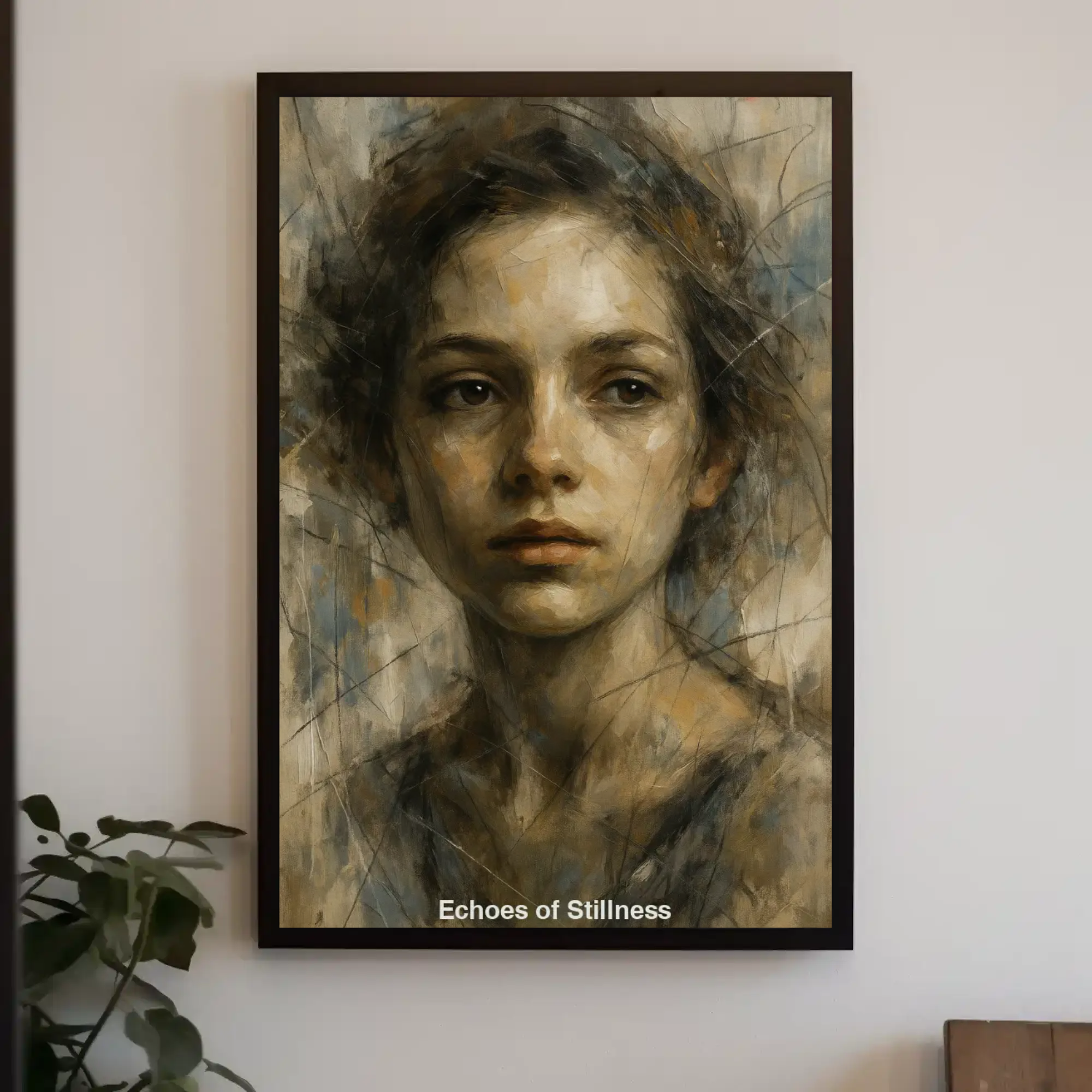 Mockup eines AI-Art-Porträts einer Frau in erdigen Farbtönen mit feinen Linien.