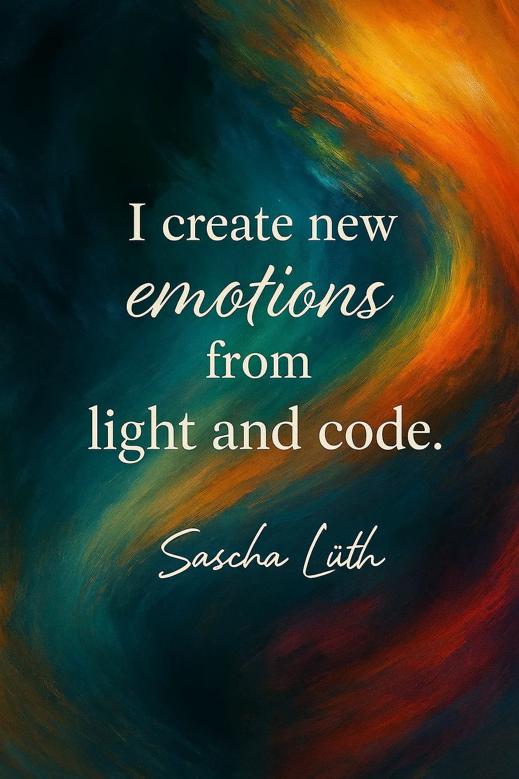 Zitat "I create new emotions from light and code" von Sascha Lüth mit Signatur auf fließendem, farbintensivem Hintergrund.