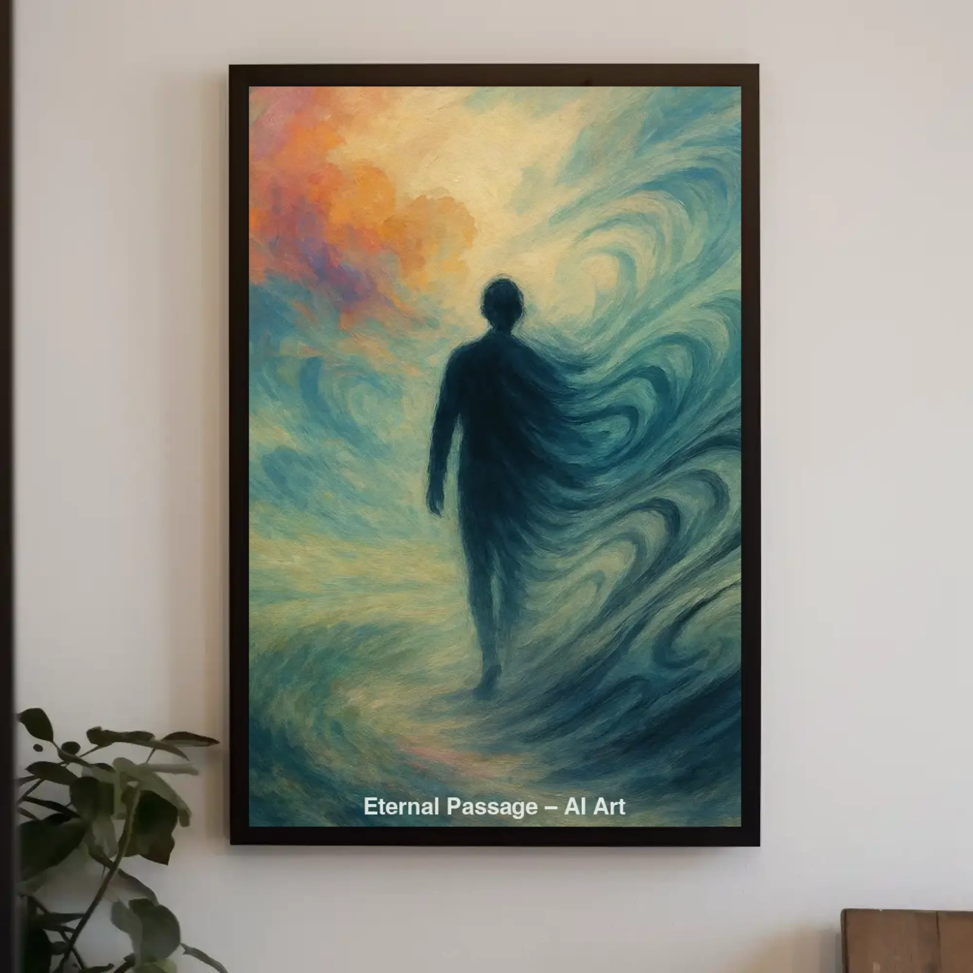 Mockup einer AI-Art-Silhouette in einer abstrakten, fließenden Farb- und Lichtlandschaft.