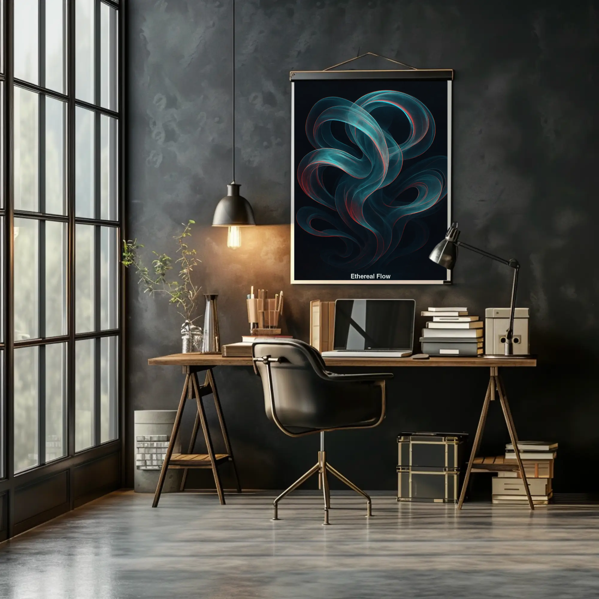 Mockup von „Ethereal Flow“ mit blauen Wirbeln auf dunklem Hintergrund als Wanddeko