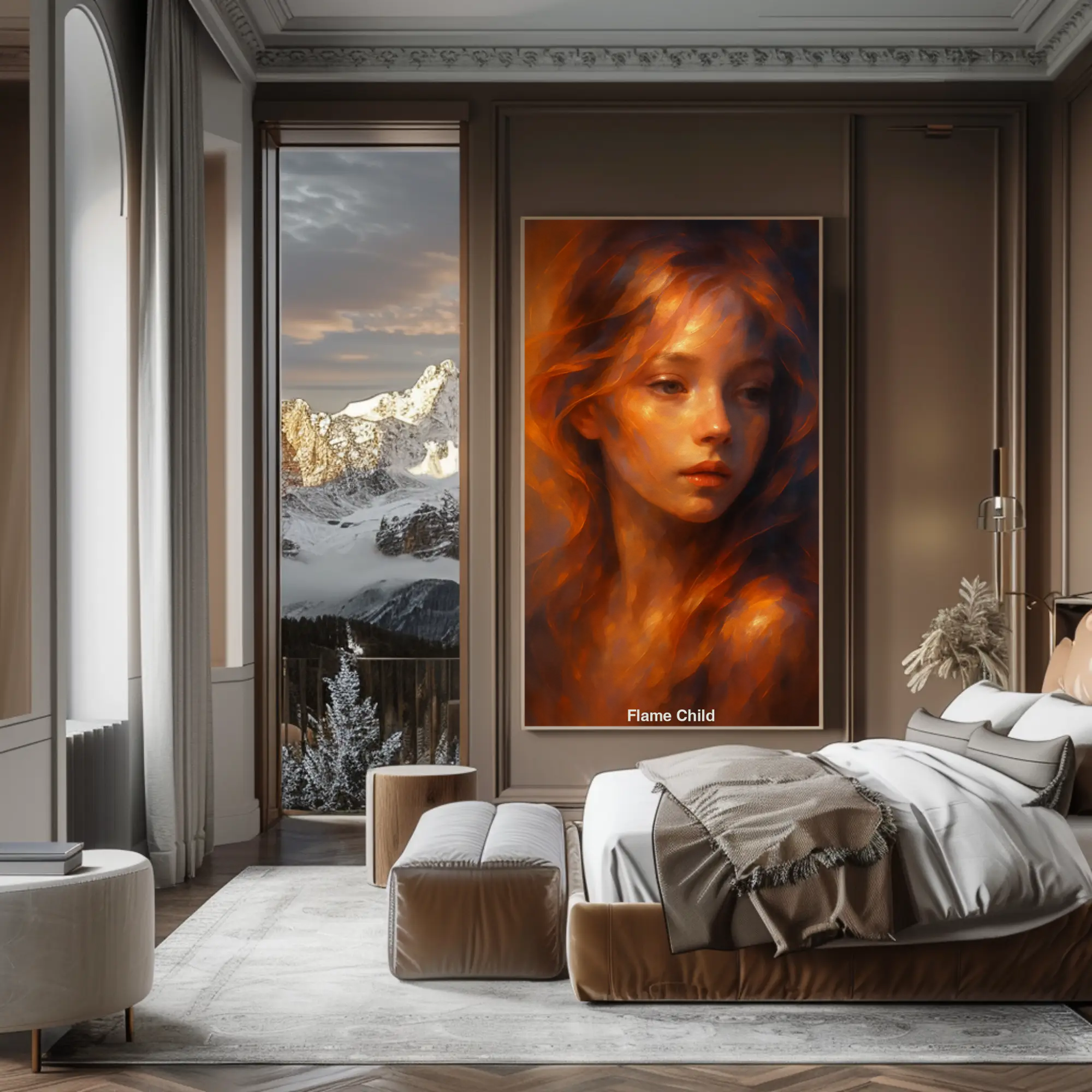 Mockup des AI Kunstwerks „Flame Child“ – emotionales Mädchenporträt mit leuchtenden Haaren in digitaler Maltechnik