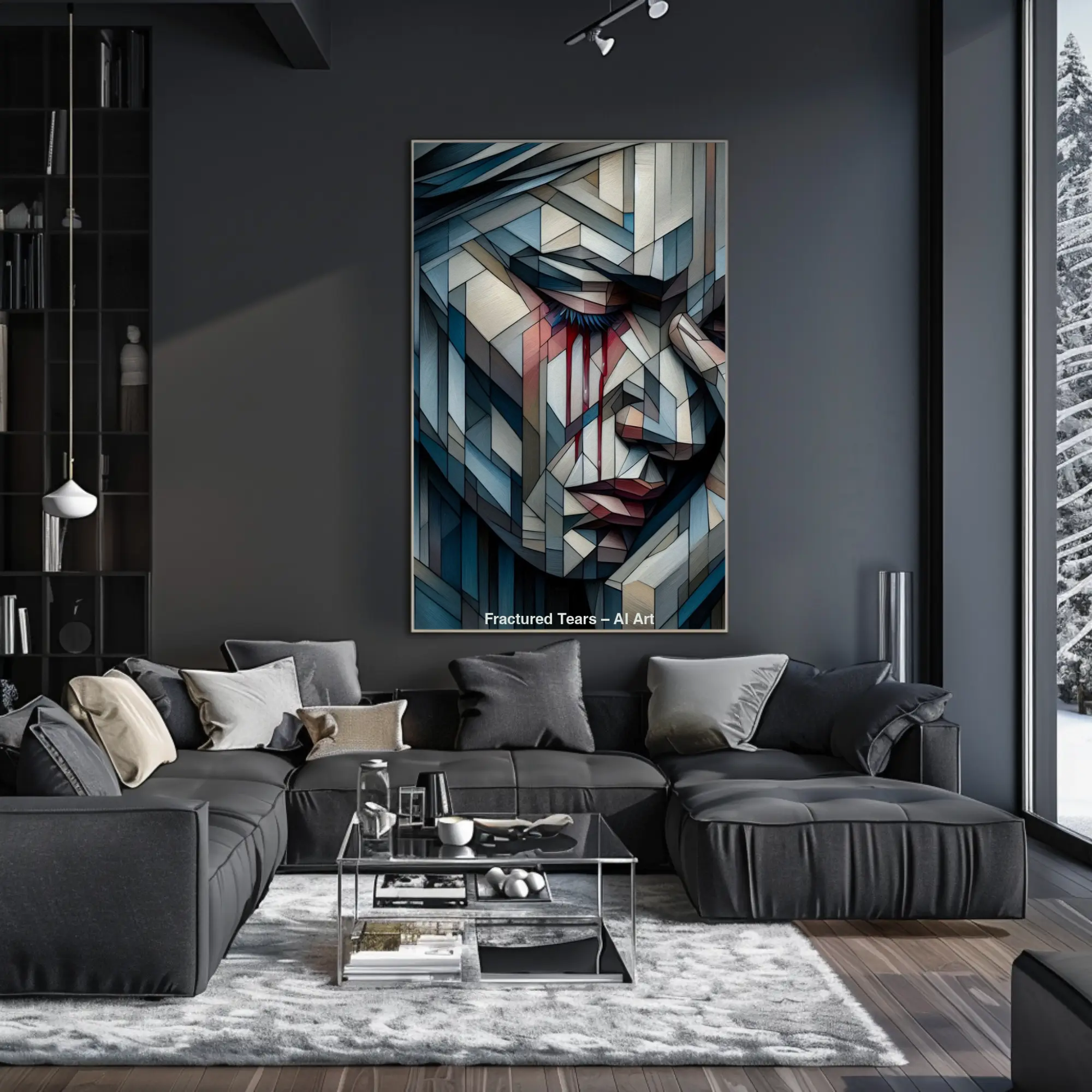 Mockup von Fractured Tears – AI Art, geometrisches Porträt in Blautönen mit roten Tränen und ausdrucksstarker Struktur.