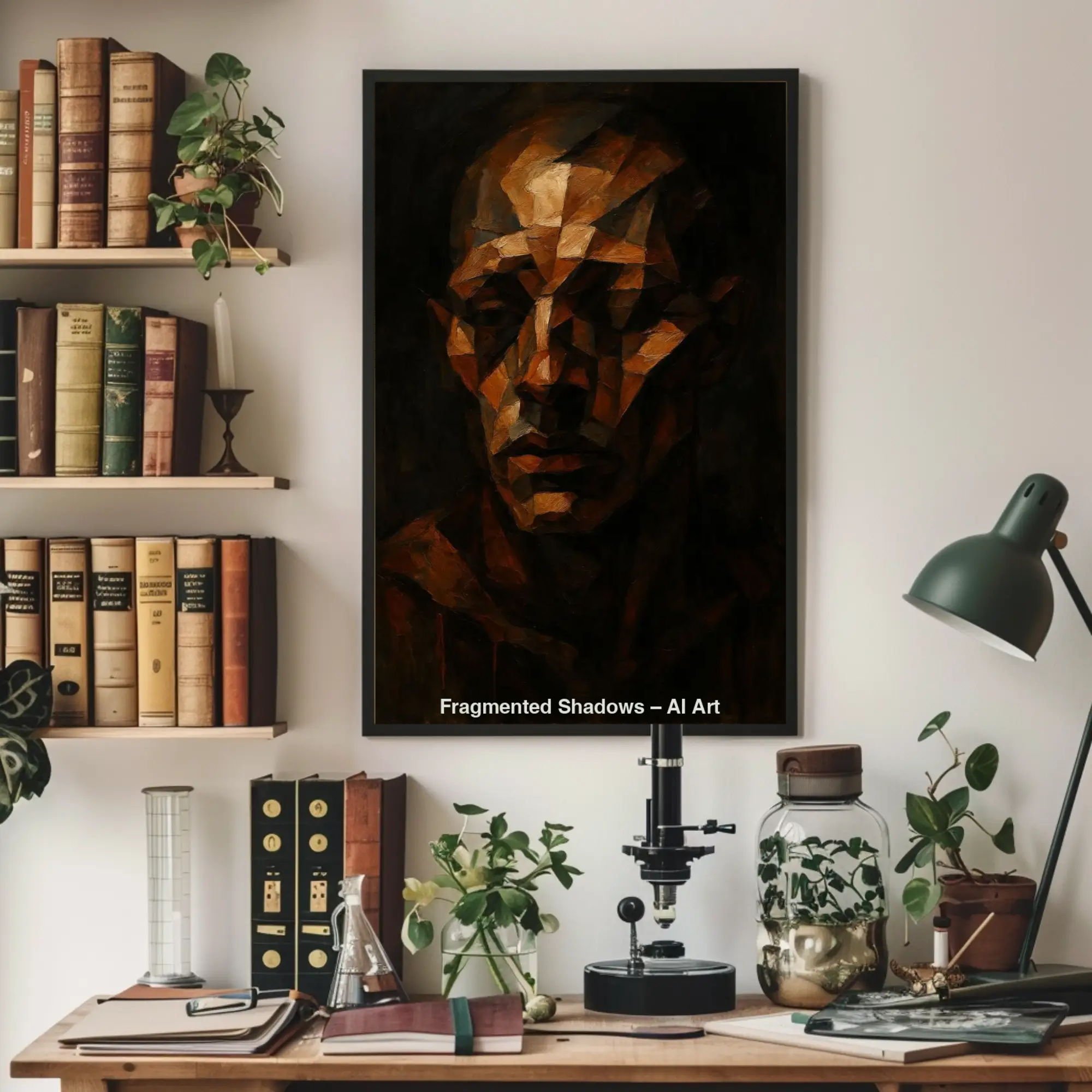 Mockup von Fragmented Shadows – AI Art, kubistisches Porträt in Braun- und Ockertönen mit geometrischen Strukturen.