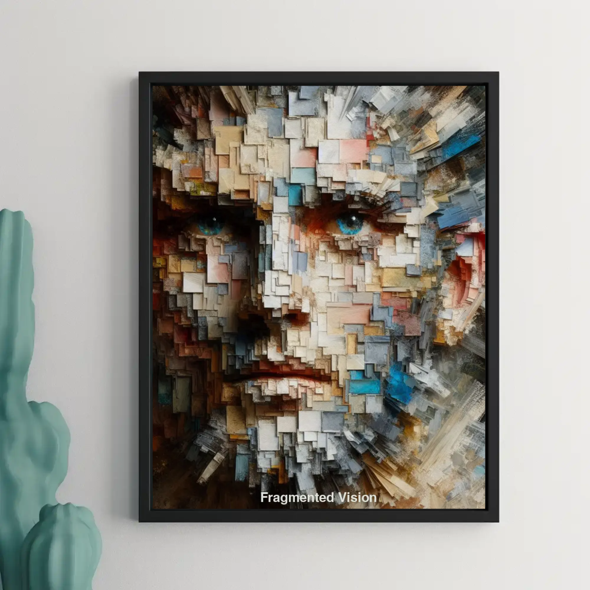 Mockup eines AI Art Porträts aus Farbfeldern mit 3D-Struktur und blauen Augen in moderner Wohnzimmereinrichtung.