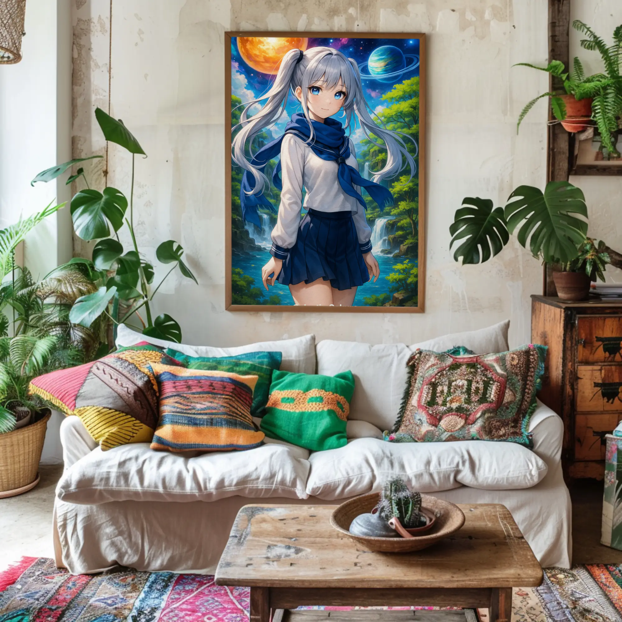 AI generiertes Anime Girl in Sci-Fi-Naturkulisse mit Planeten & Wasserfall im Hintergrund