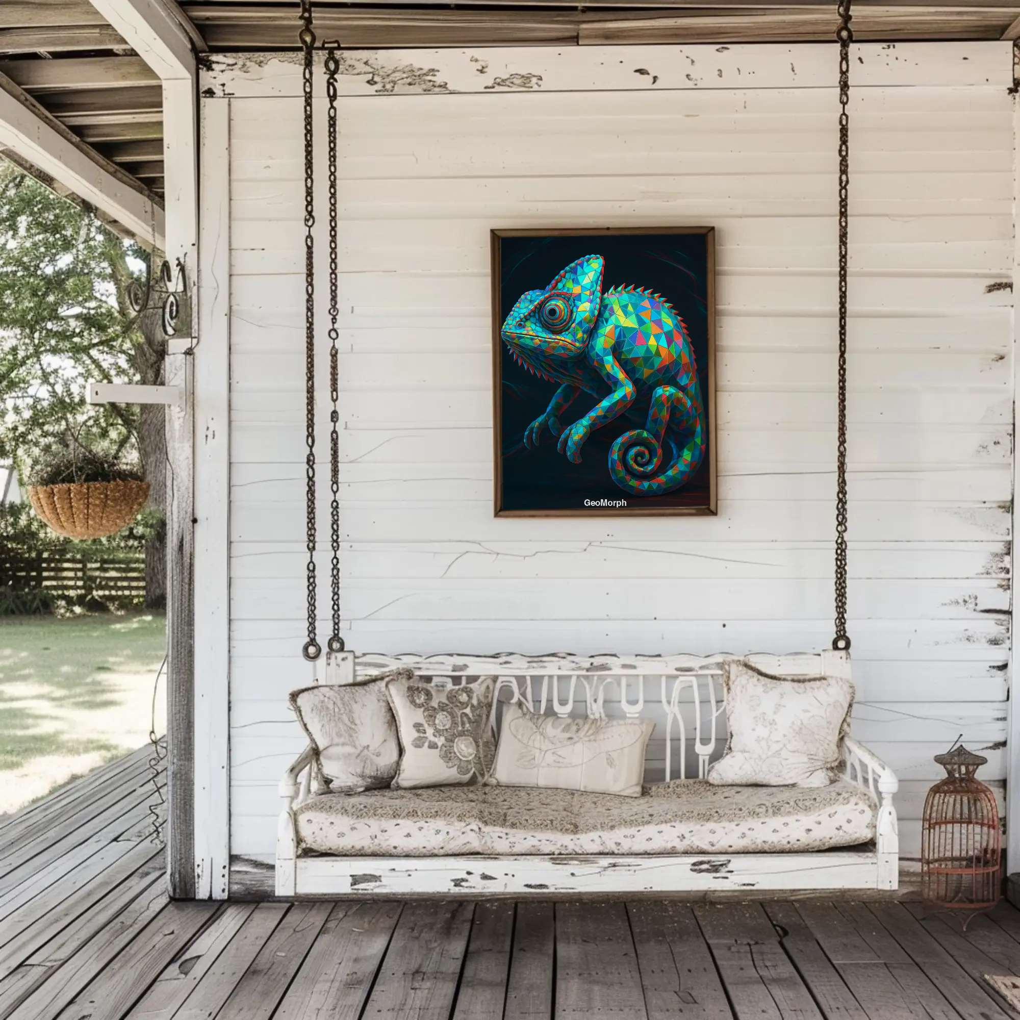 Mockup des Kunstwerks „GeoMorph“ mit geometrisch buntem Chamäleon auf dunklem Hintergrund