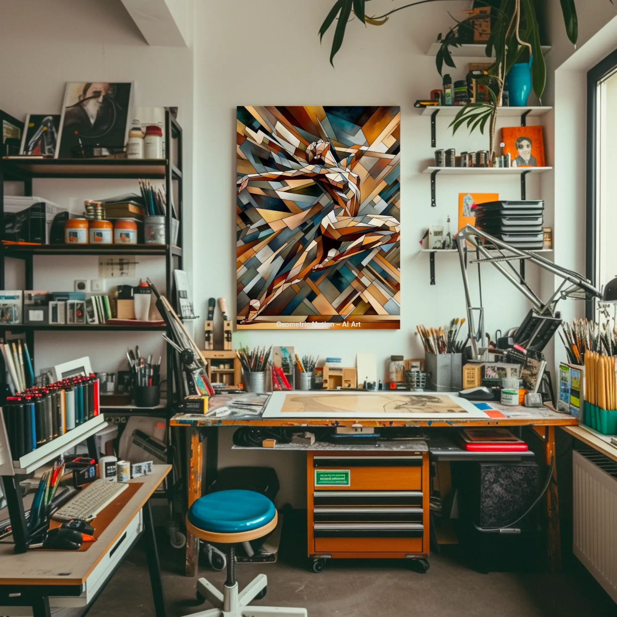 Mockup von Geometric Motion – AI Art, abstrakte Figur aus geometrischen Formen in Bewegung mit kräftigen Farben und dynamischer Struktur.