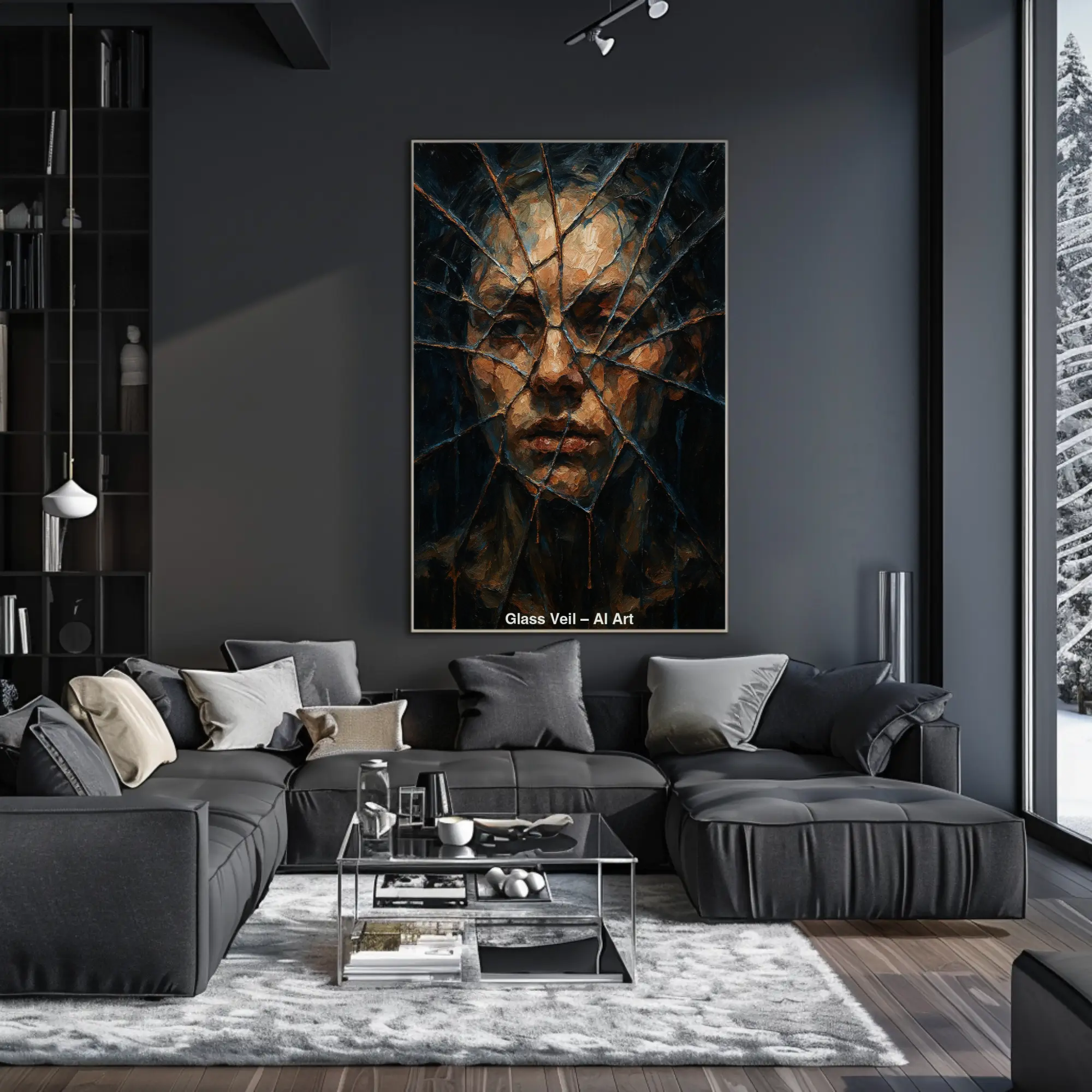 Mockup von Glass Veil – AI Art, Porträt hinter zersplittertem Glas in dunklen Erdtönen mit geheimnisvoller Atmosphäre.