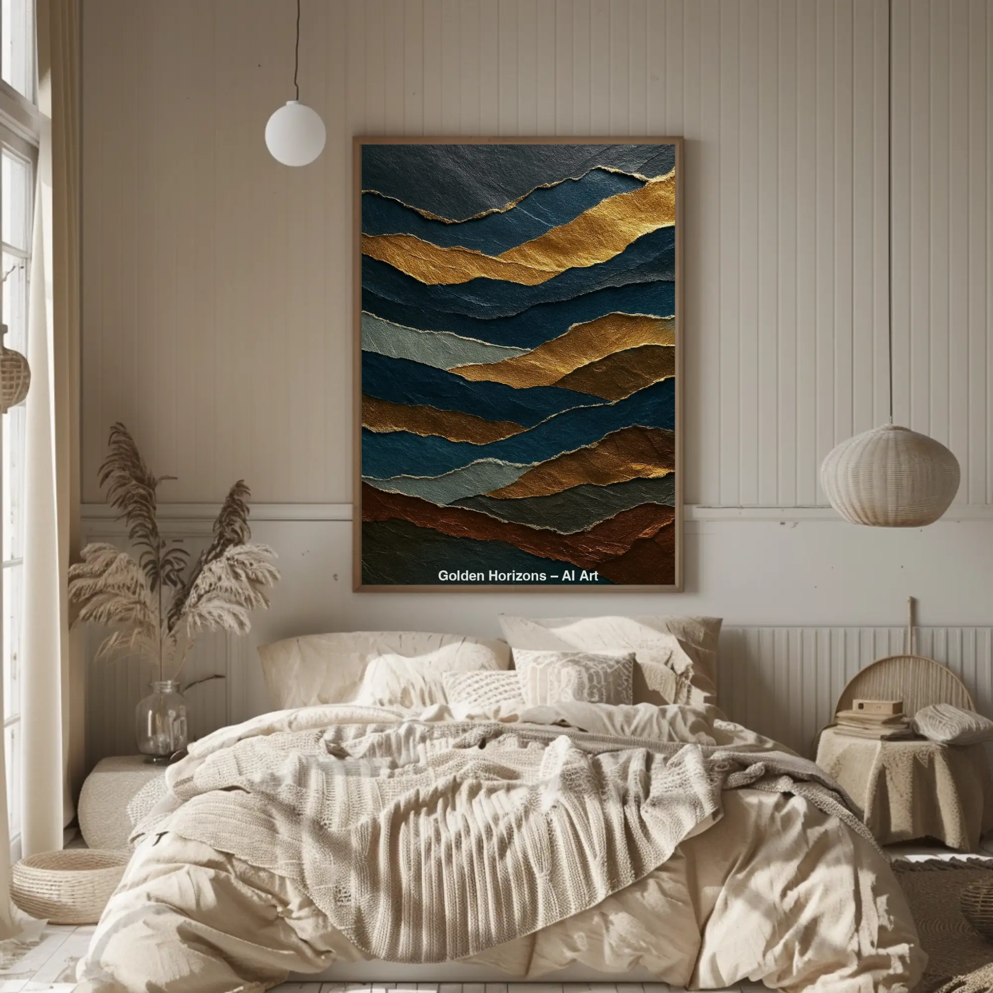Mockup einer abstrakten AI-Art mit goldenen und blauen Schichtungen, inspiriert von Landschaften und Strukturen.