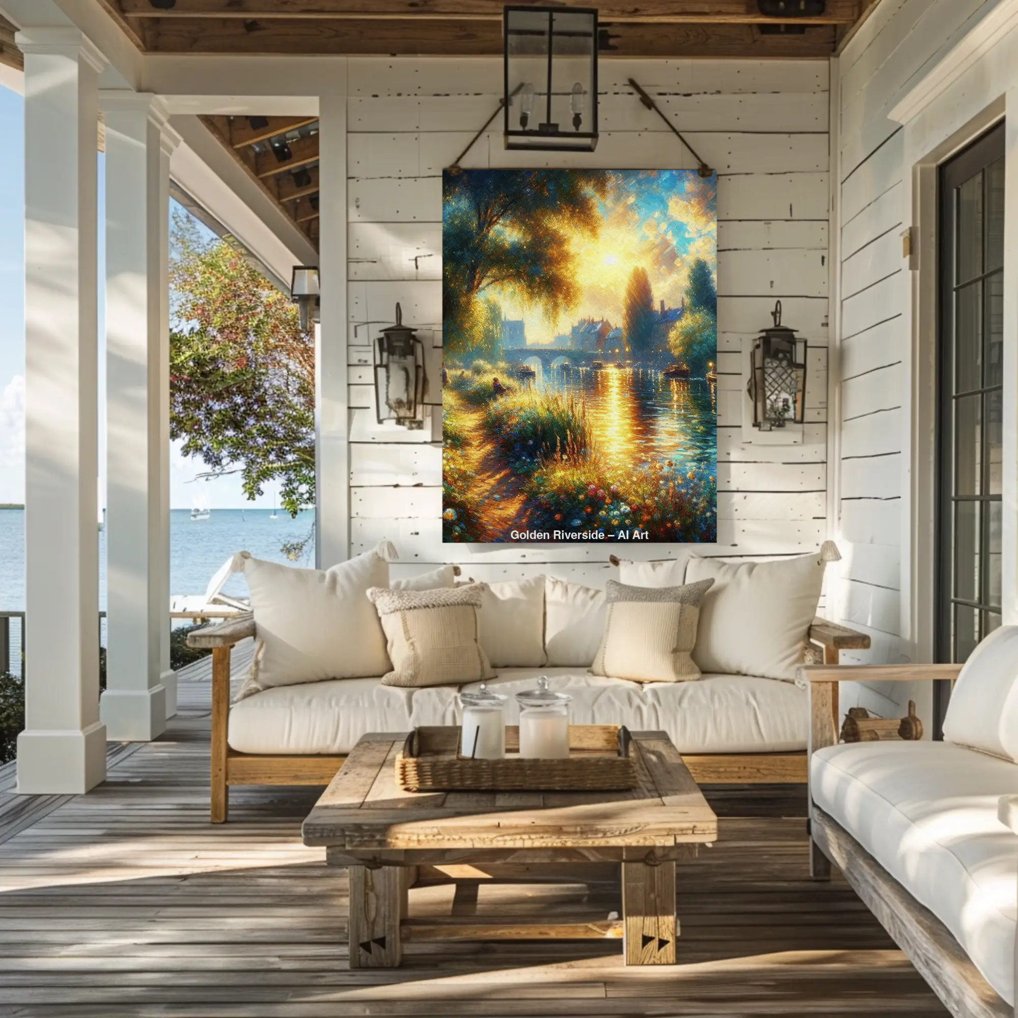 Mockup von Golden Riverside – AI Art, impressionistische Flusslandschaft mit goldenem Abendlicht und blühendem Ufer.