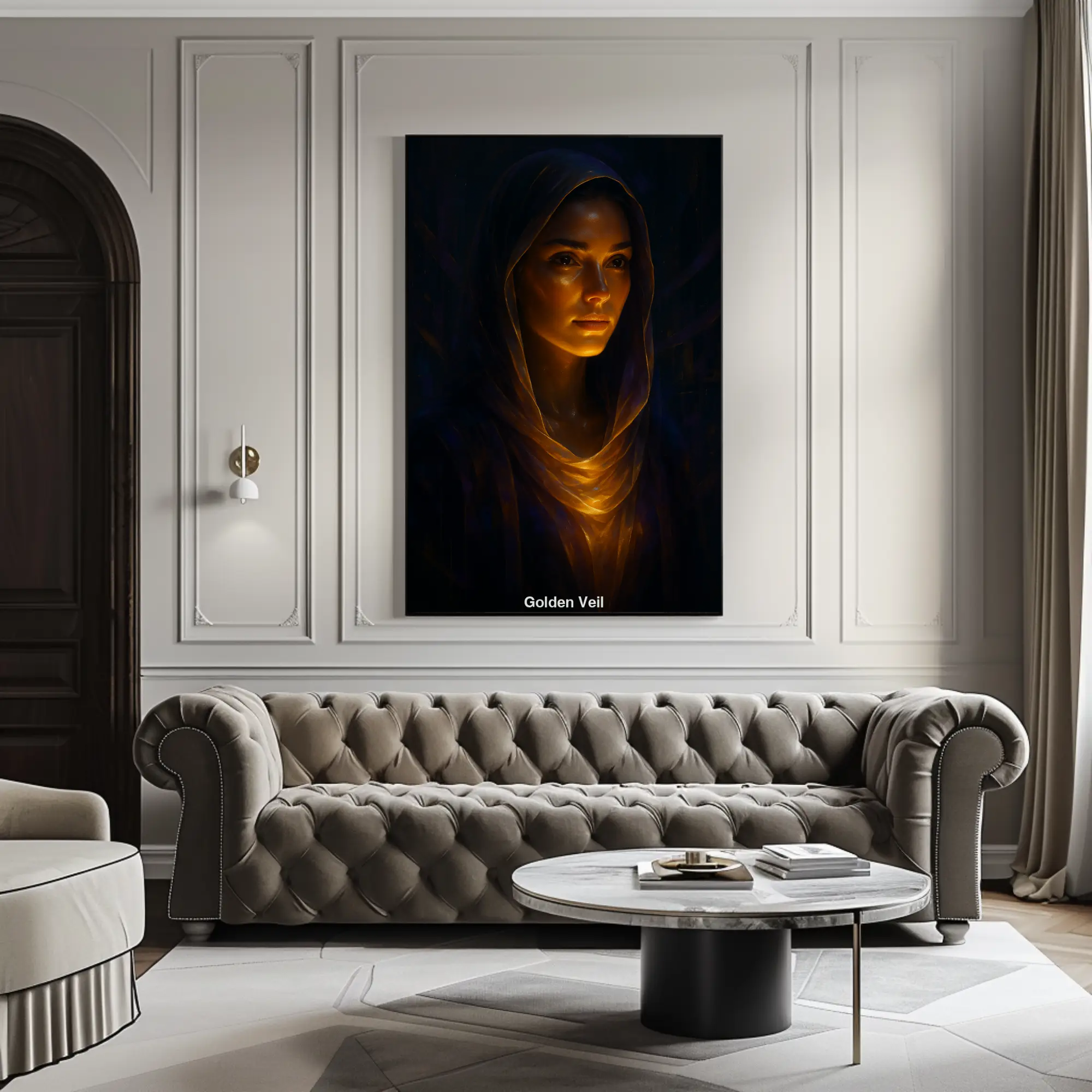 AI Portrait einer Frau im goldenen Schleier mit warmem, strahlendem Licht