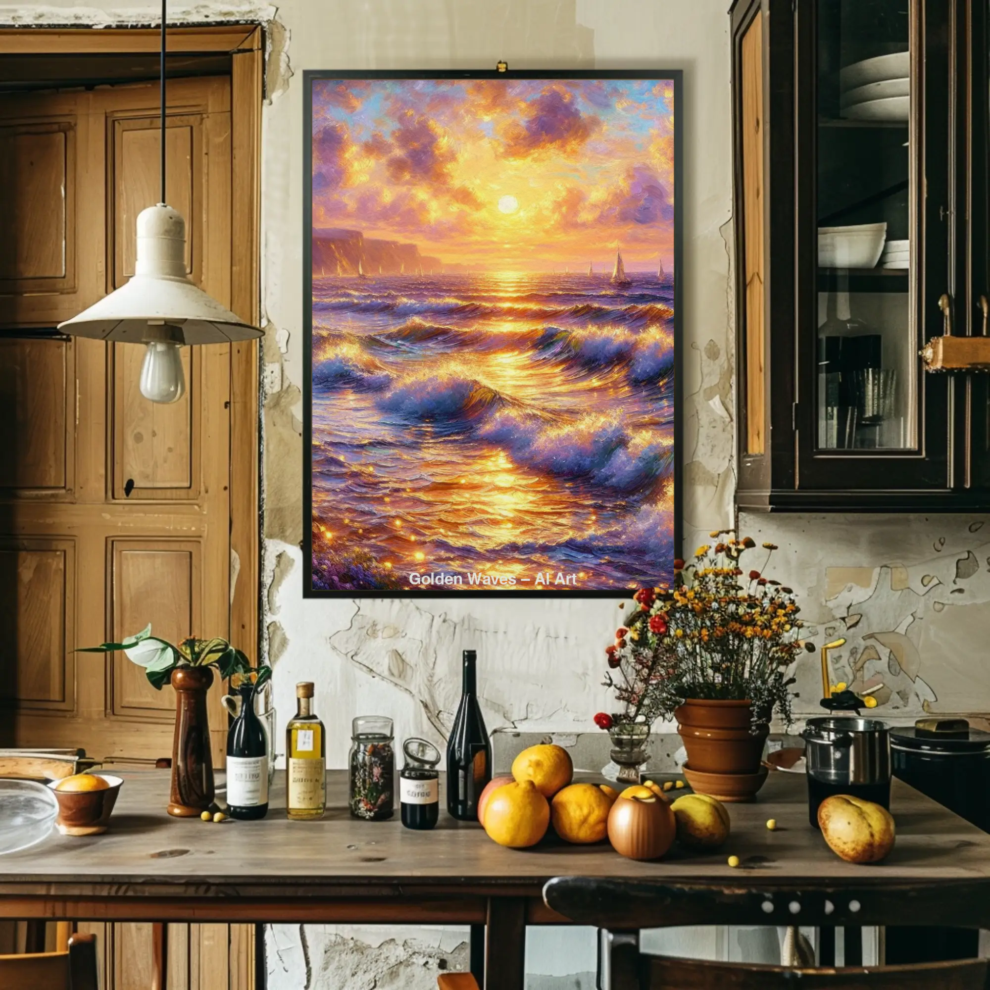 Mockup von Golden Waves – AI Art, Meereswellen bei goldenem Sonnenuntergang mit Segelbooten und farbenprächtigem Himmel.