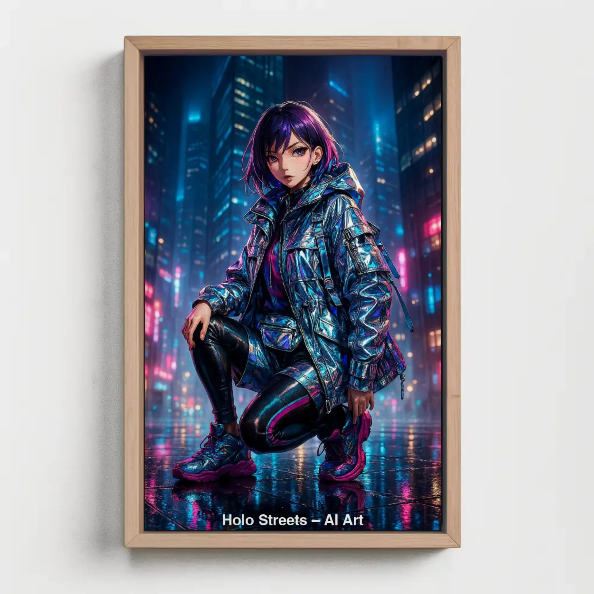 Mockup von Holo Streets – AI Art, Anime-Figur in metallic-blauem Outfit vor leuchtender Cyberpunk-Stadt mit Neonlichtern.