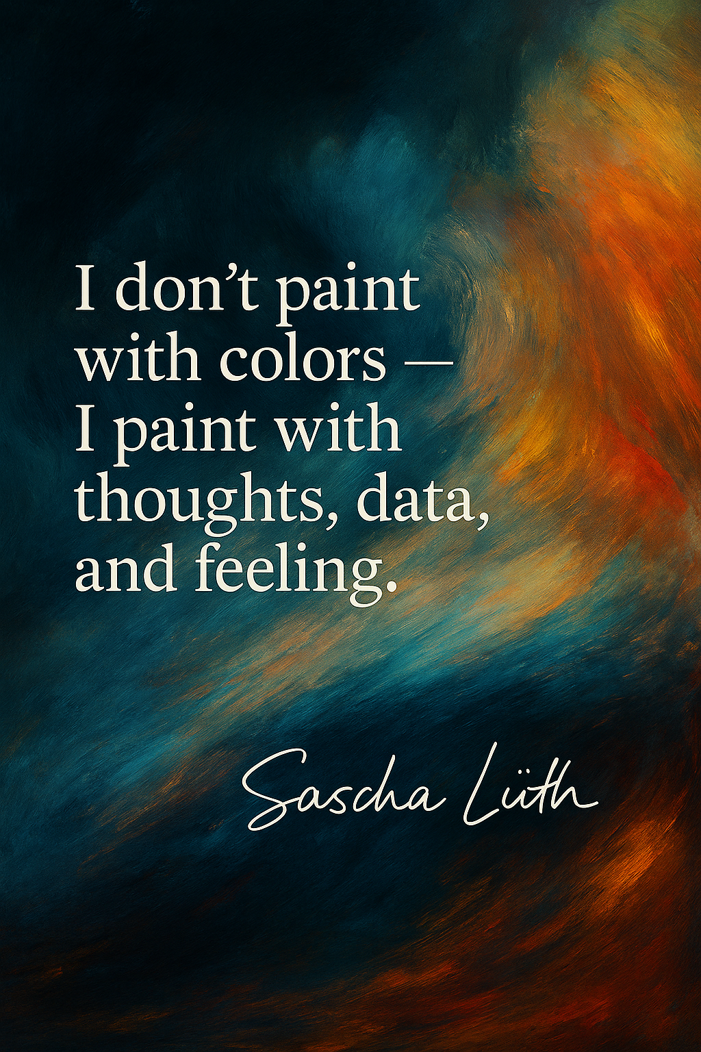 Zitat "I don’t paint with colors..." von Sascha Lüth auf abstraktem Hintergrund in Blau-Orange mit künstlerischer Signatur.