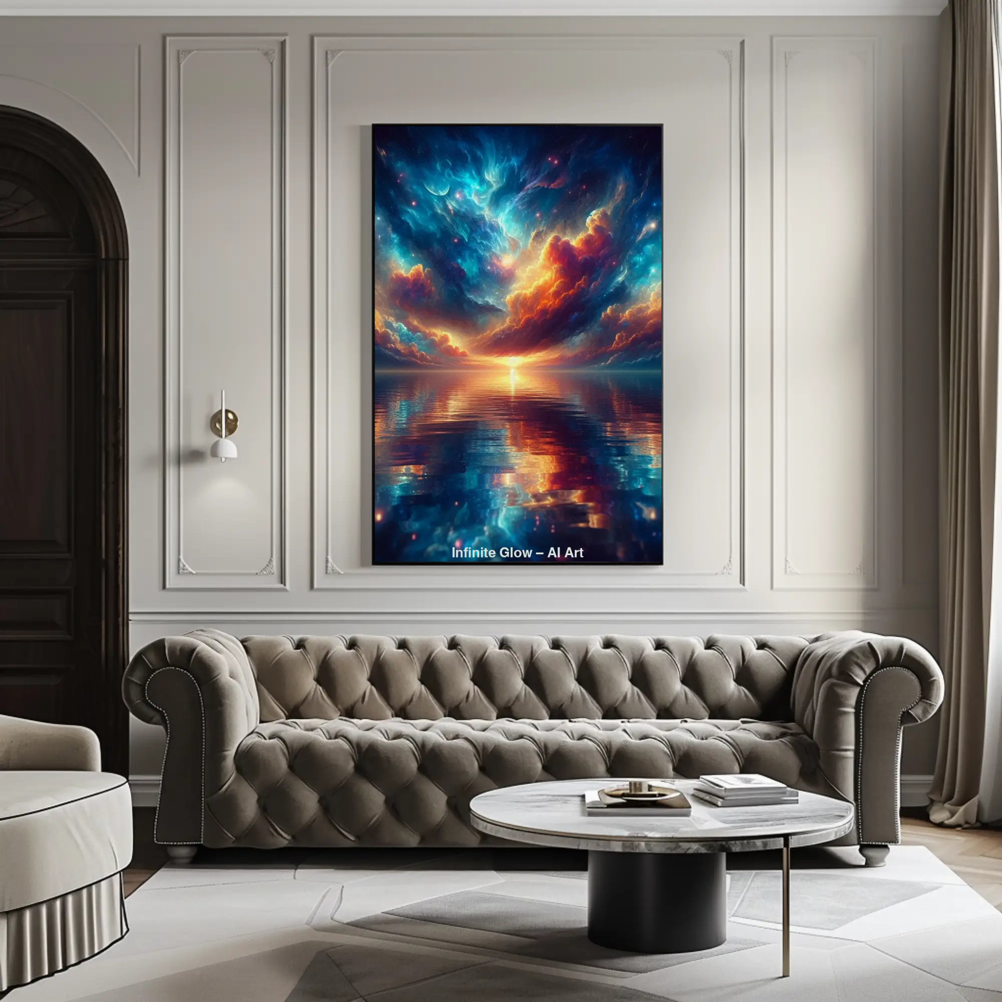 Mockup von Infinite Glow – AI Art, kosmisches Himmels- und Meerespanorama mit leuchtenden Farben und strahlendem Sonnenuntergang.
