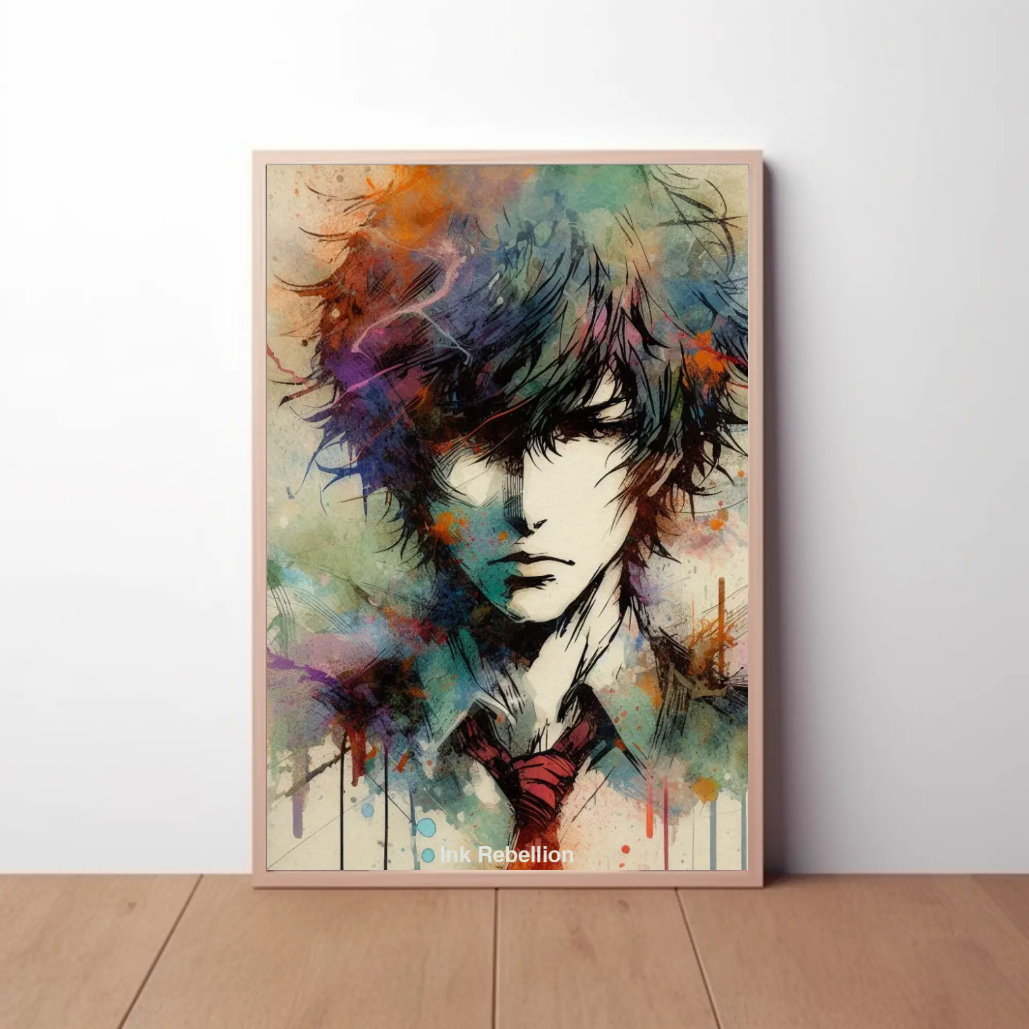 AI generiertes Anime Porträt mit dynamischen Aquarellfarben und detailreichem Manga-Stil.