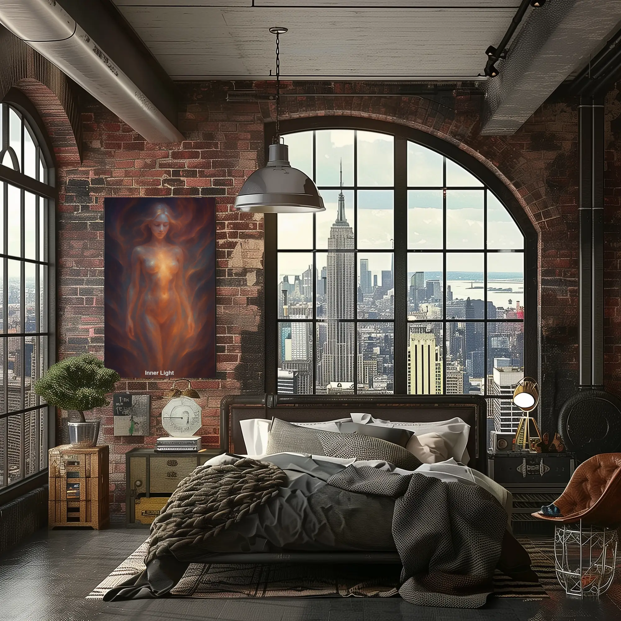 Mockup des AI-Kunstwerks „Inner Light“ – weibliche Figur mit strahlender Energie im Zentrum