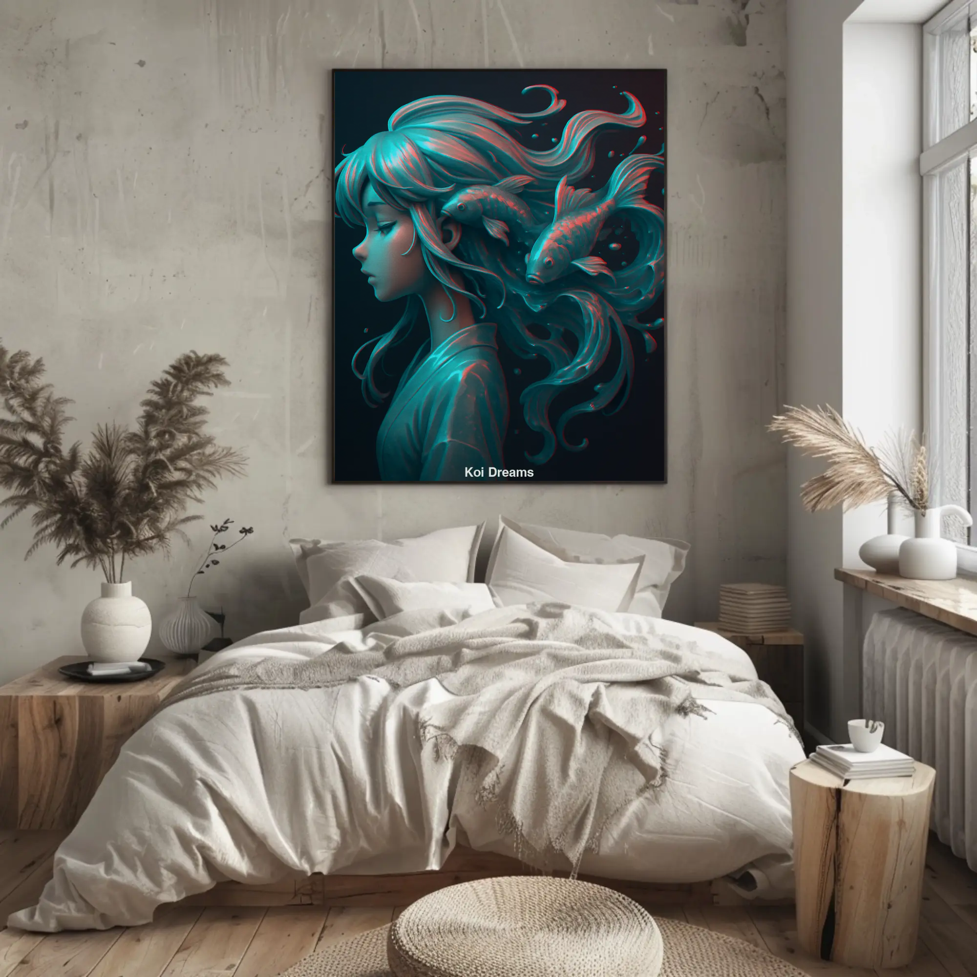 Mockup von „Koi Dreams“: Anime-Mädchen mit Koi-Fischen im Haar als Poster