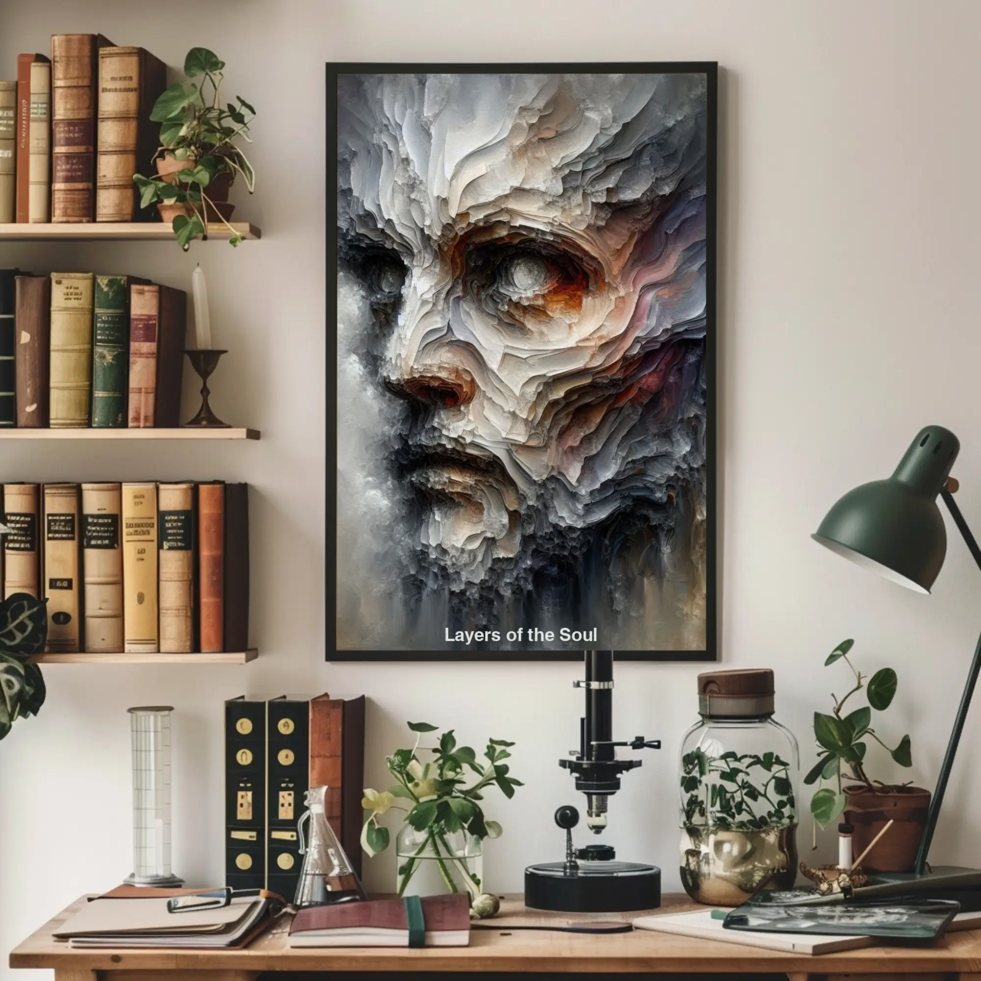 Mockup eines modernen AI Art Porträts mit Schichtstruktur in Wohnzimmereinrichtung.