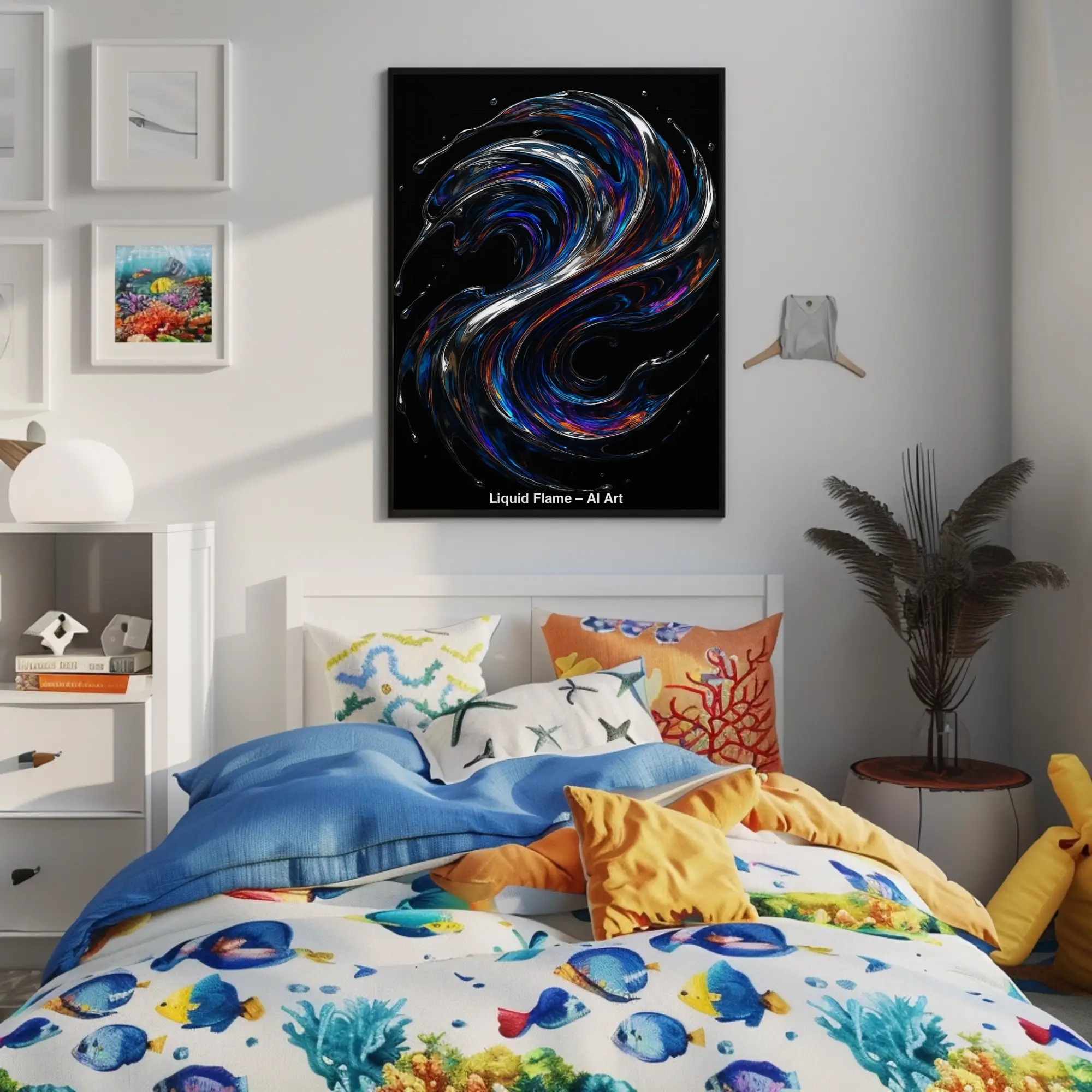 Mockup einer abstrakten AI-Art in fließenden, farbigen Formen auf schwarzem Hintergrund.
