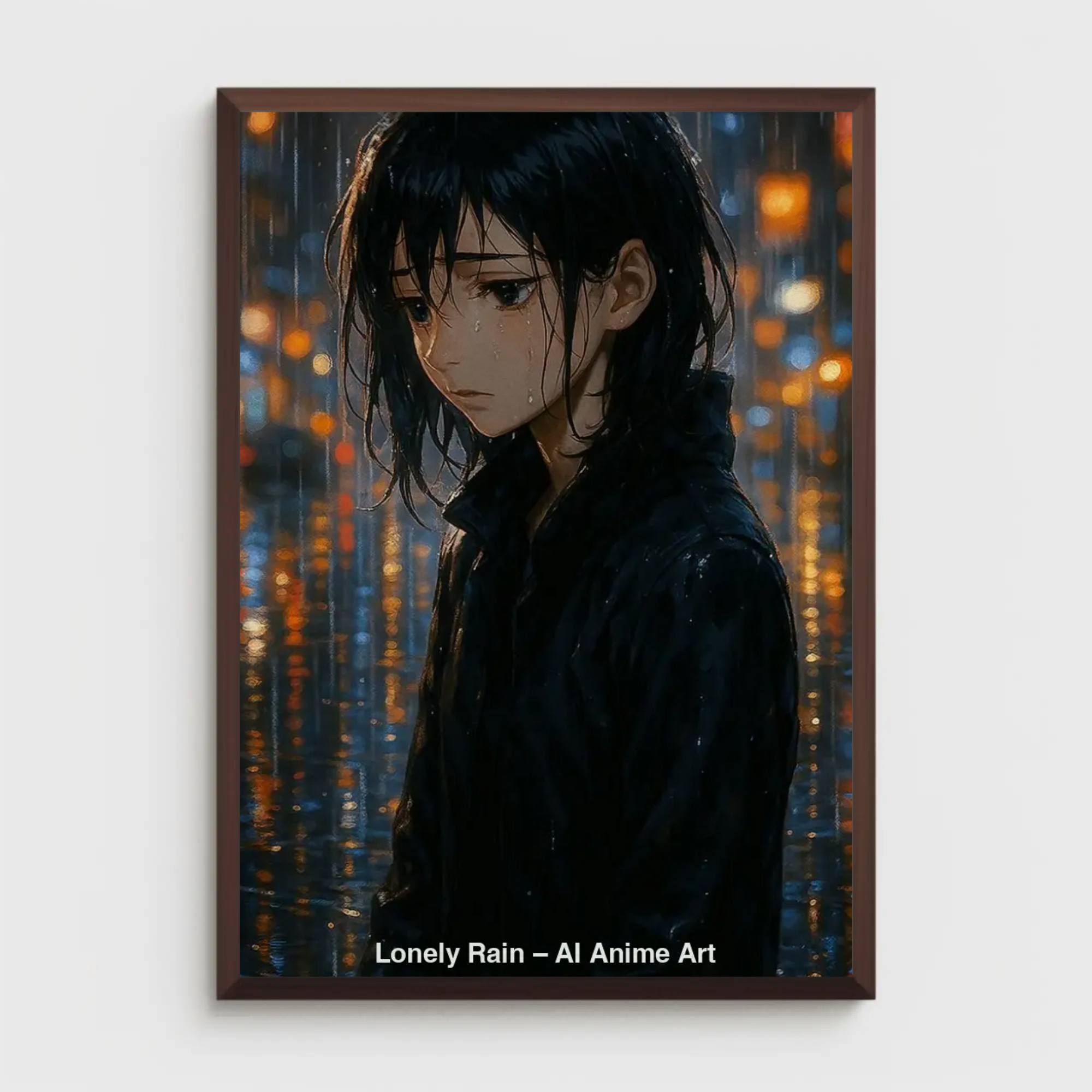 Mockup einer melancholischen Anime-Figur im Regen, umgeben von leuchtenden Stadtlichtern.