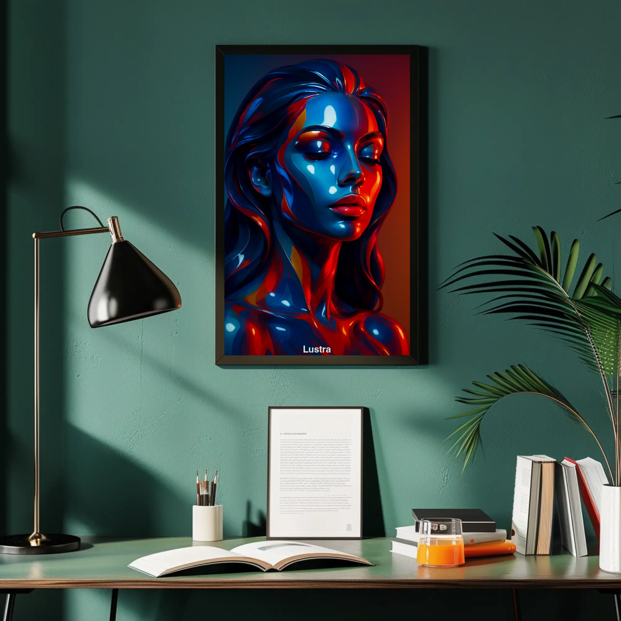 Mockup des Kunstdrucks „Lustra“ mit farbig glänzendem Frauenporträt in Blau und Rot