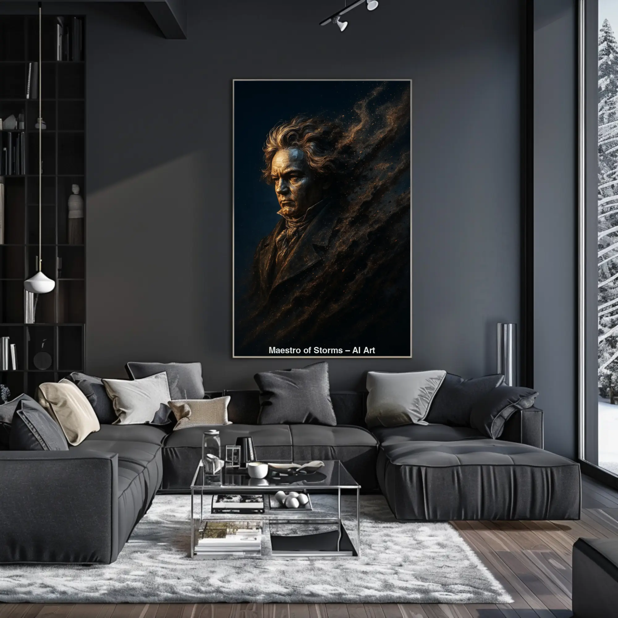 Mockup von Maestro of Storms – AI Art, digitales Porträt in Bronze- und Goldtönen mit stürmischem Partikeleffekt.