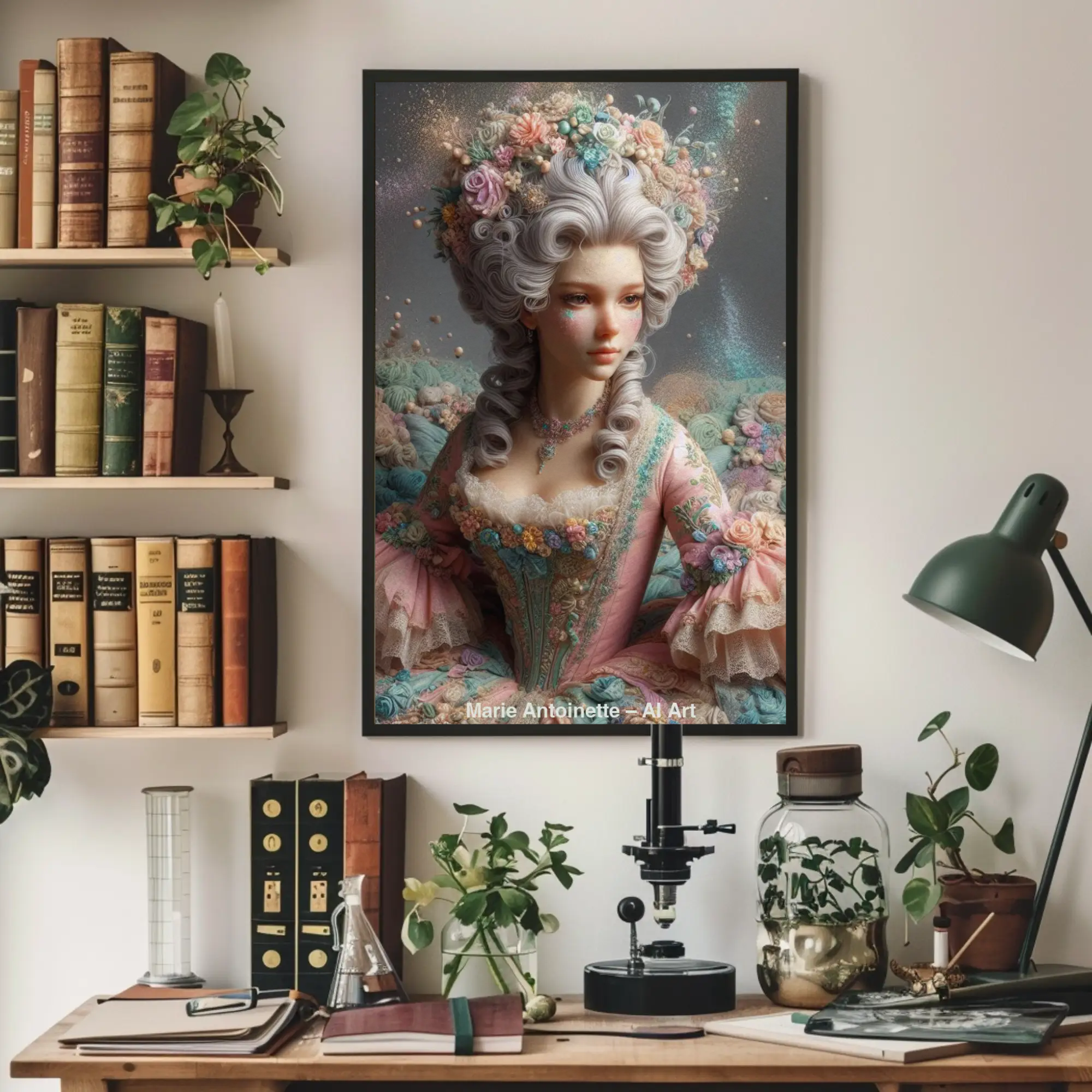 Mockup eines AI Art Porträts von Marie Antoinette im Rokoko-Kleid mit Blumen und Farbpartikeln.
