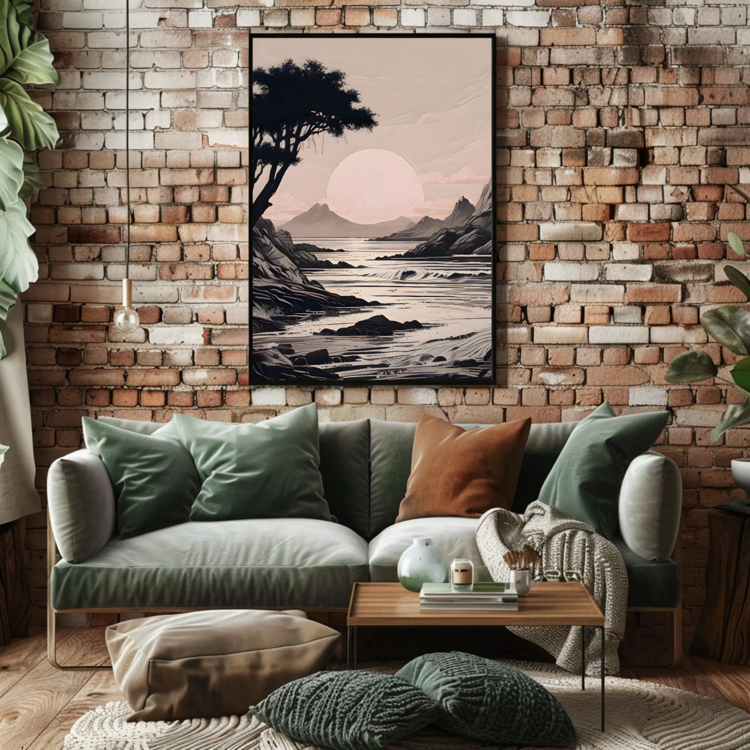 Moderne Küstenlandschaft mit Baum und ruhiger Meereskulisse als Wandbild
