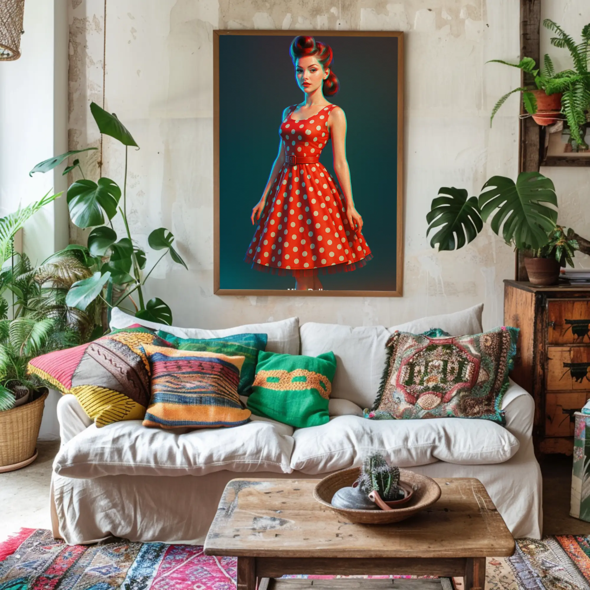 Mockup des Kunstdrucks „Miss Polka“ mit Frau im roten Vintage-Kleid im 50er-Stil