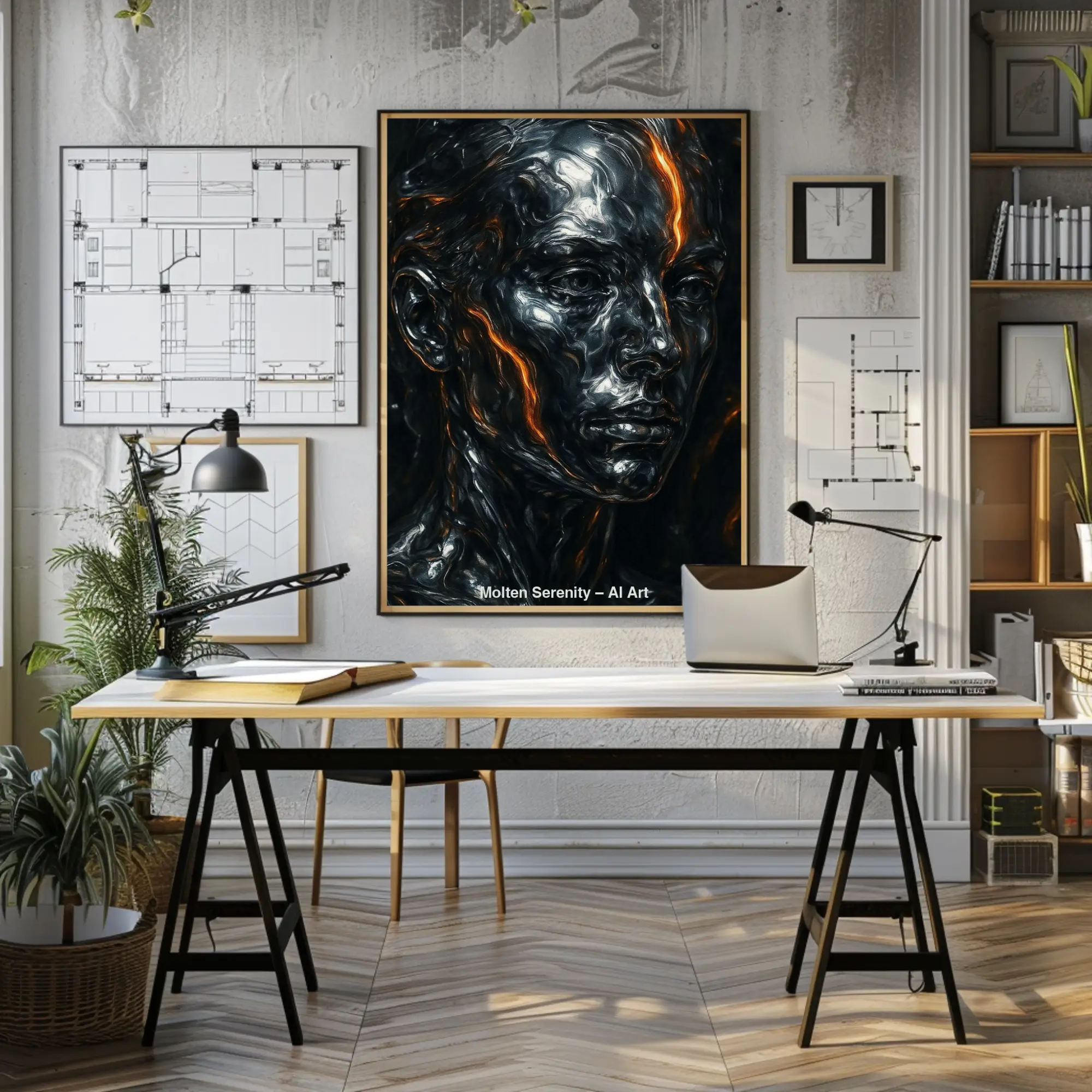 Mockup von Molten Serenity – AI Art, digitales Porträt mit metallischem Glanz und leuchtend orangen Linien auf dunklem Hintergrund.